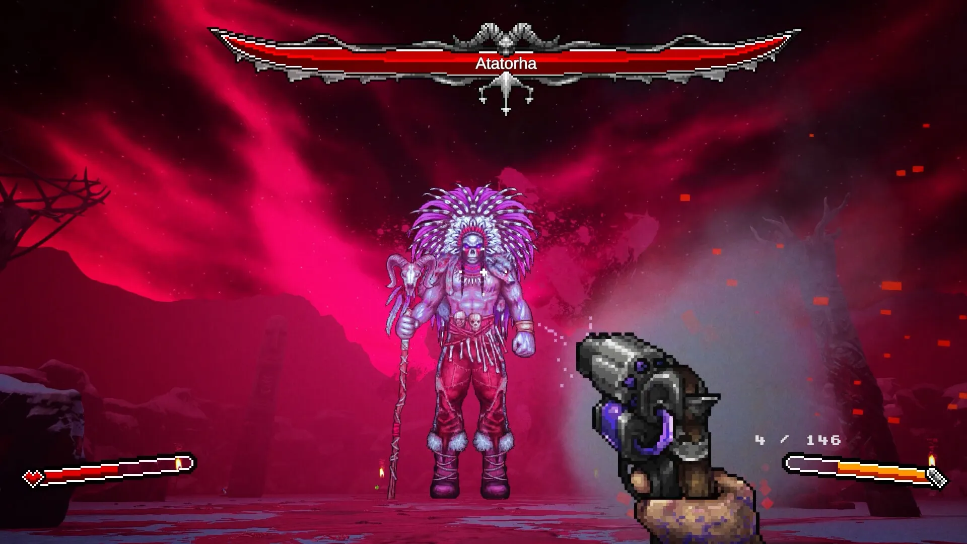 M.E.A.T. II: Atatorha battle in a crimson landscape with player aiming a shotgun, health bars visible