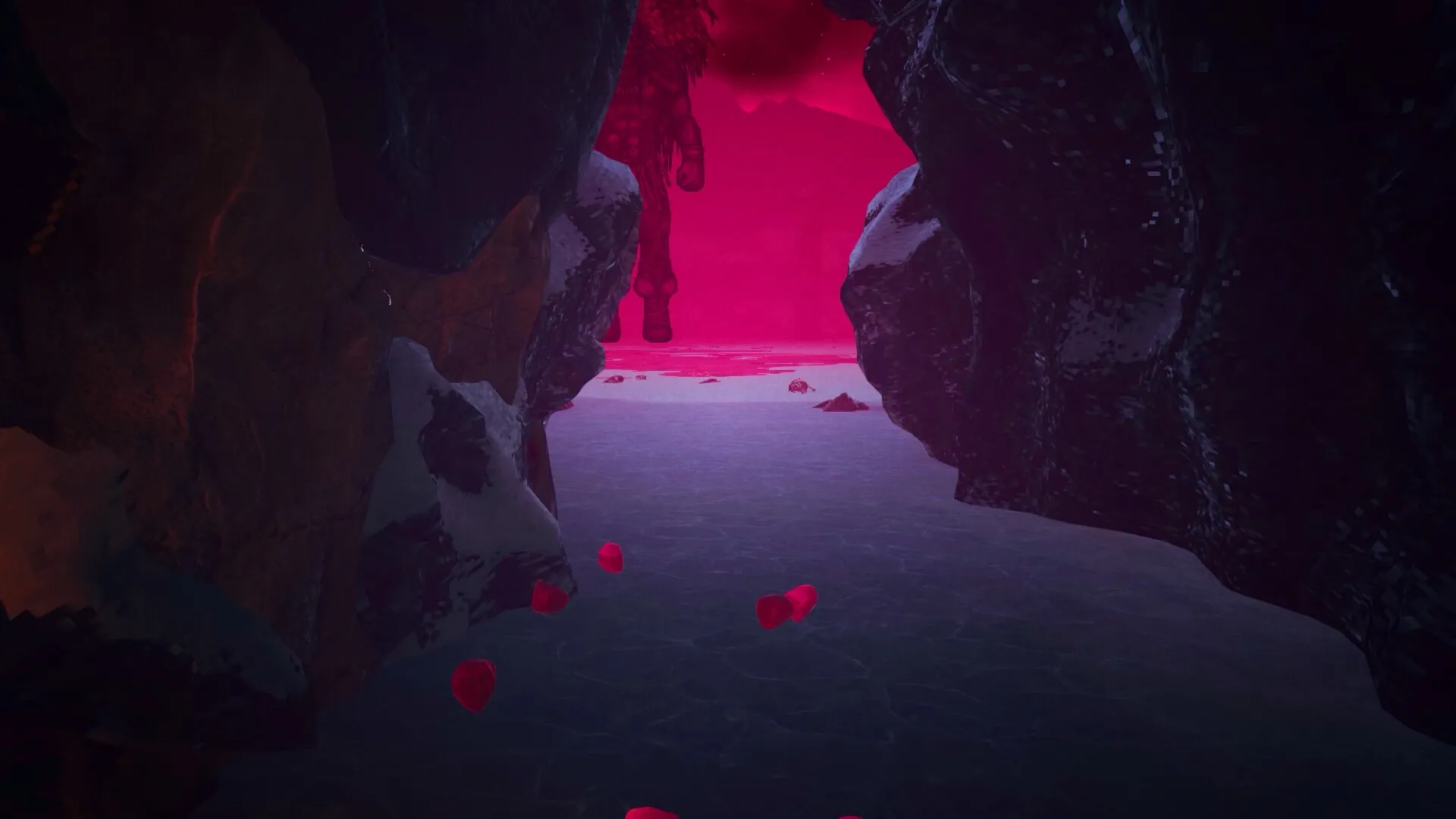 M.E.A.T. II: Cave passage leads to a towering figure in a glowing red, icy environment.