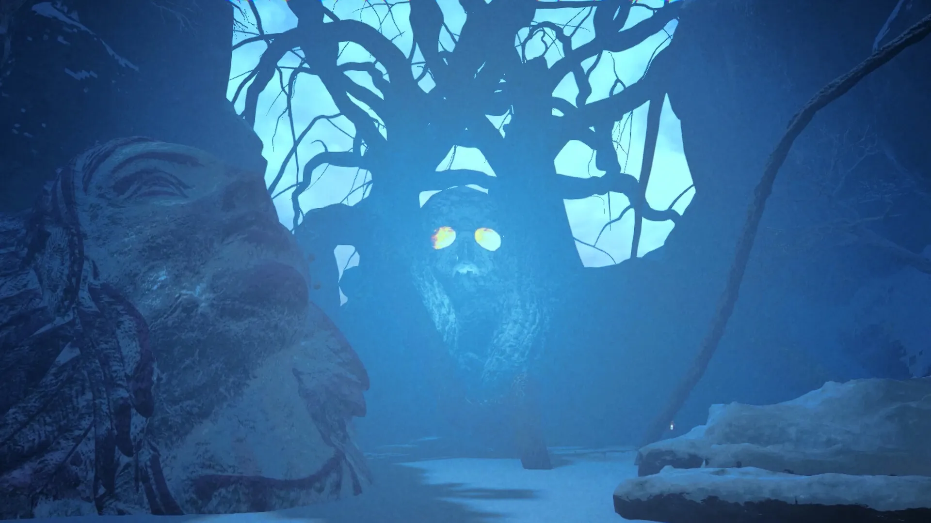 M.E.A.T. II: Eerie forest with glowing-eyed tree and ancient stone faces in snowy landscape