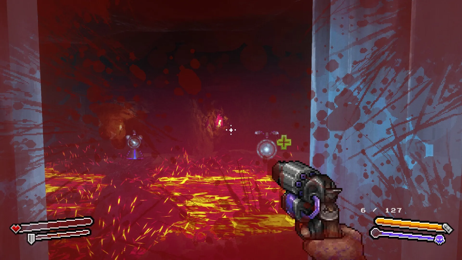 M.E.A.T. II: Player aiming a telestarion shotgun in a blood-splattered cave with glowing lava.