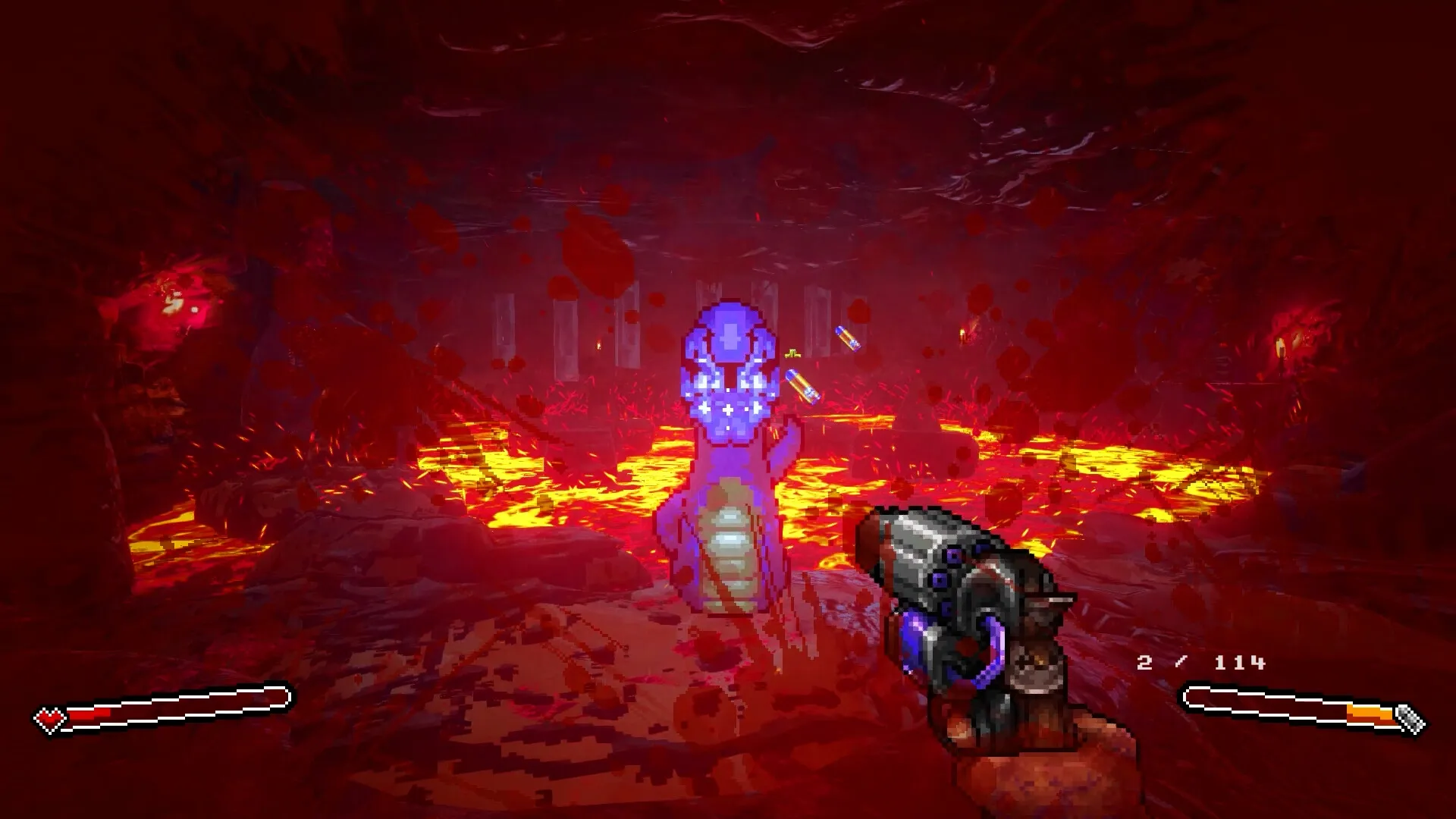 M.E.A.T. II: Player targets enemy with telestarion shotgun in a fiery cave filled with lava