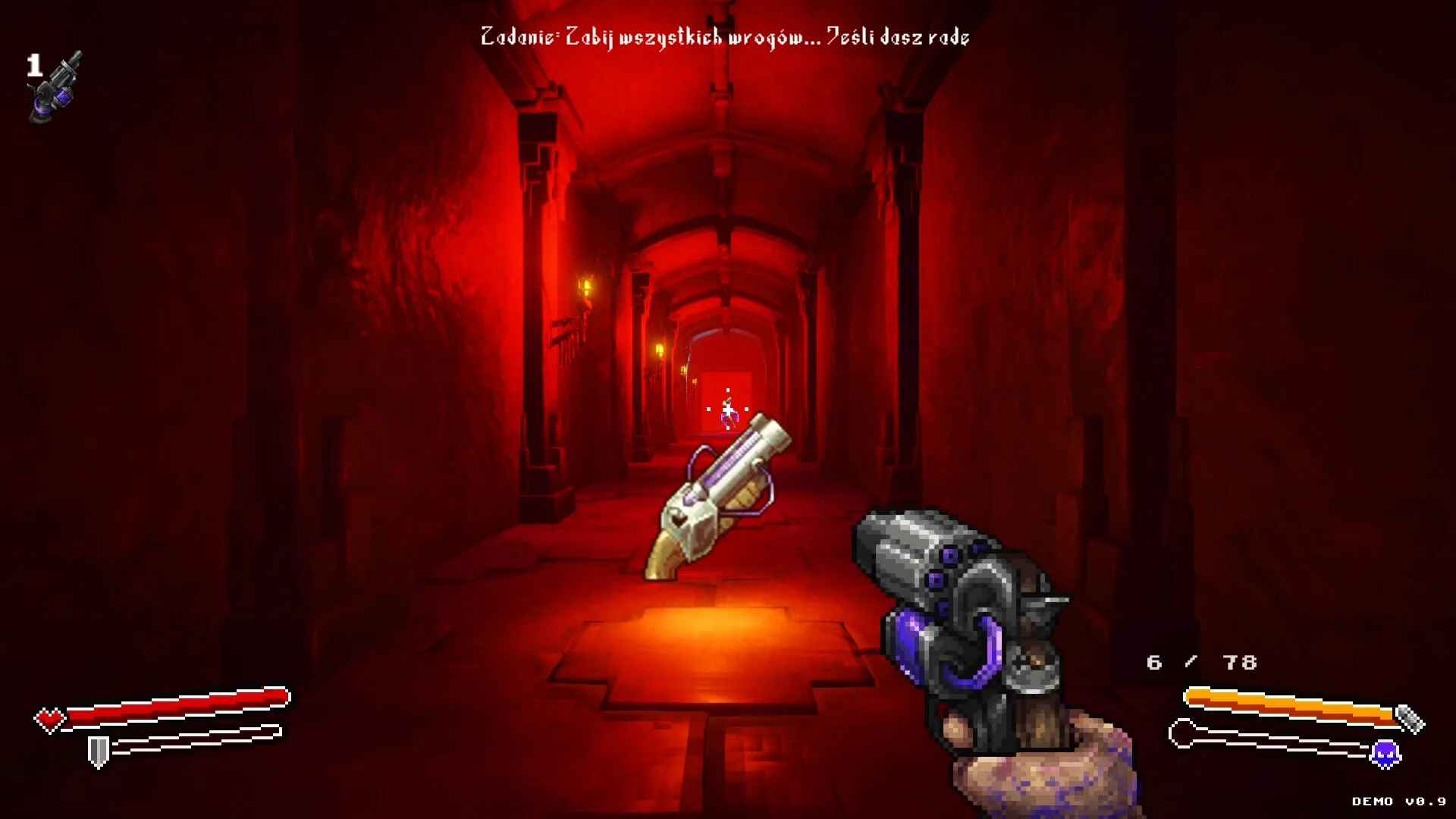 M.E.A.T. II: Player holds pistol in a dim, red-lit corridor with health and ammo UI visible