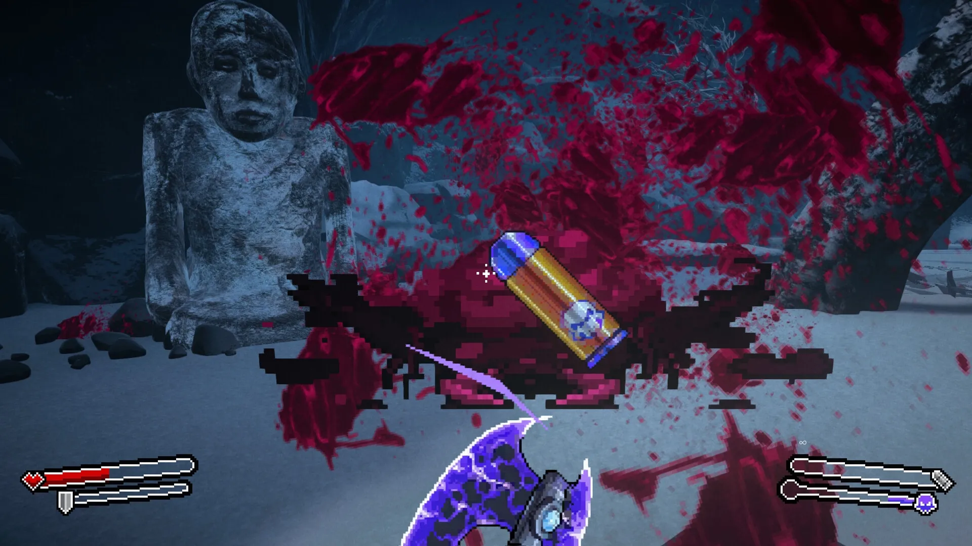 M.E.A.T. II: Telestarion shotgun ammo pickup amid pixelated blood and snow near a stone statue.