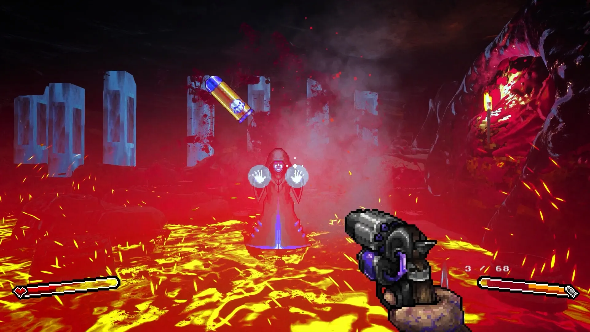 M.E.A.T. II: Player aiming a telestarion shotgun at a robed enemy in a fiery underground cavern.
