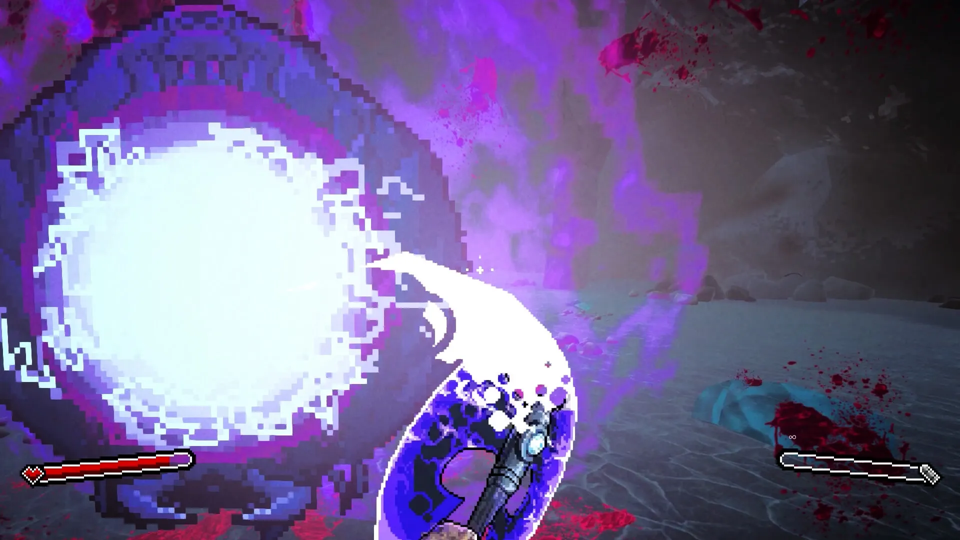 M.E.A.T. II: Player fires telestarion shotgun, purple blast effect in icy, blood-splattered cavern.