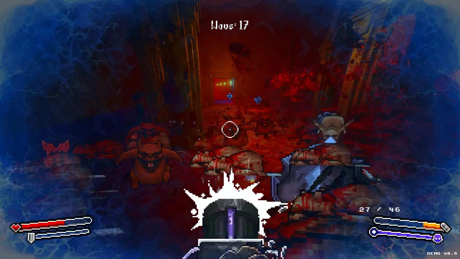 M.E.A.T. II: First-person view battling monsters in dark, red-hued corridor during wave 17 combat.