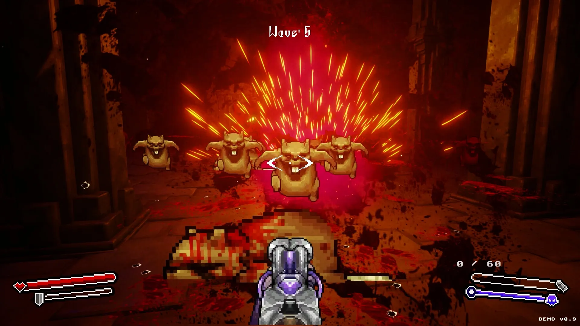 M.E.A.T. II: Fighting wave of monsters with telestarion shotgun in dark, blood-splattered corridor