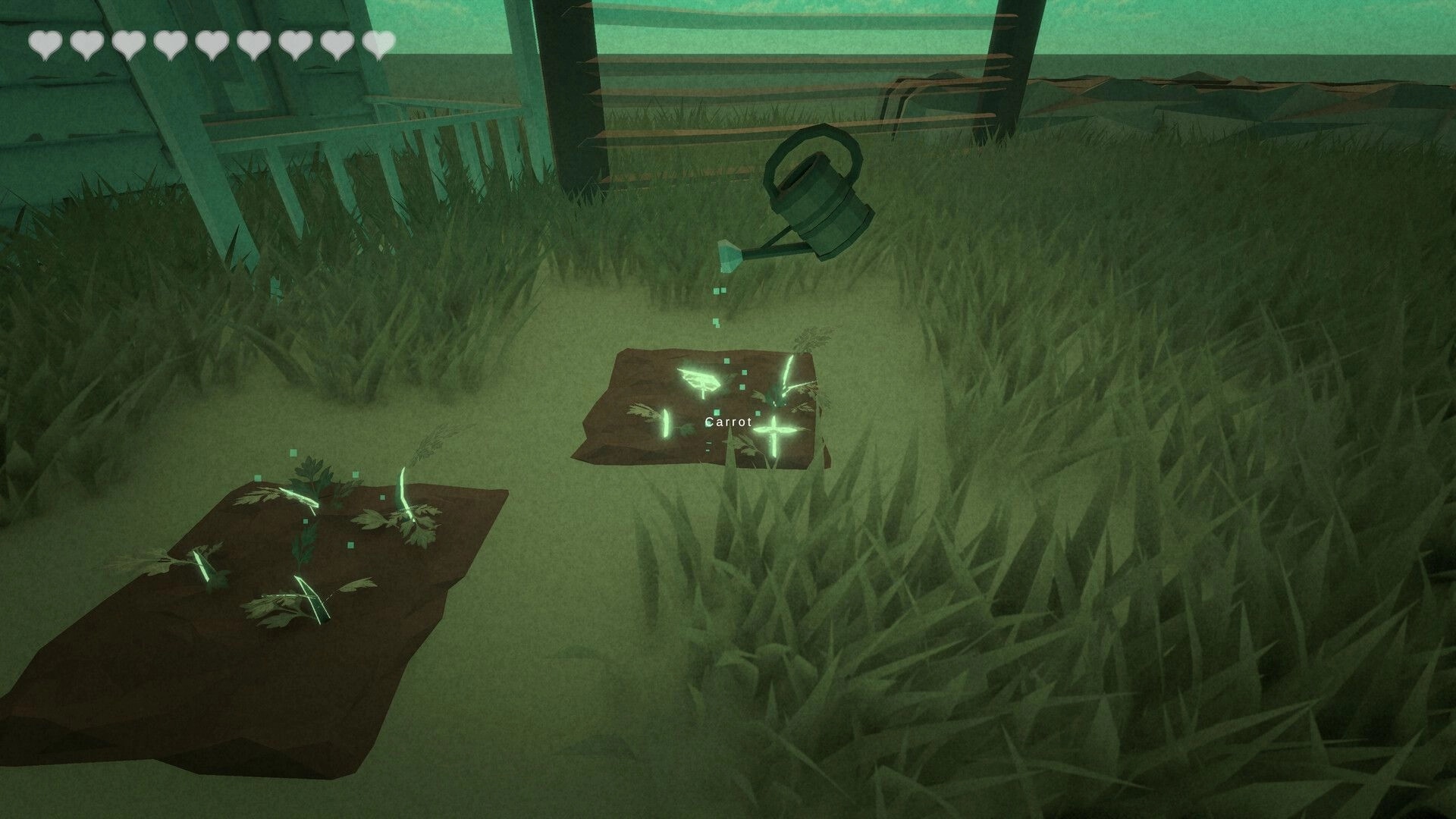 Meat Lovers: Watering can sprinkling a carrot plot and seedlings in grassy farm yard with hearts UI.