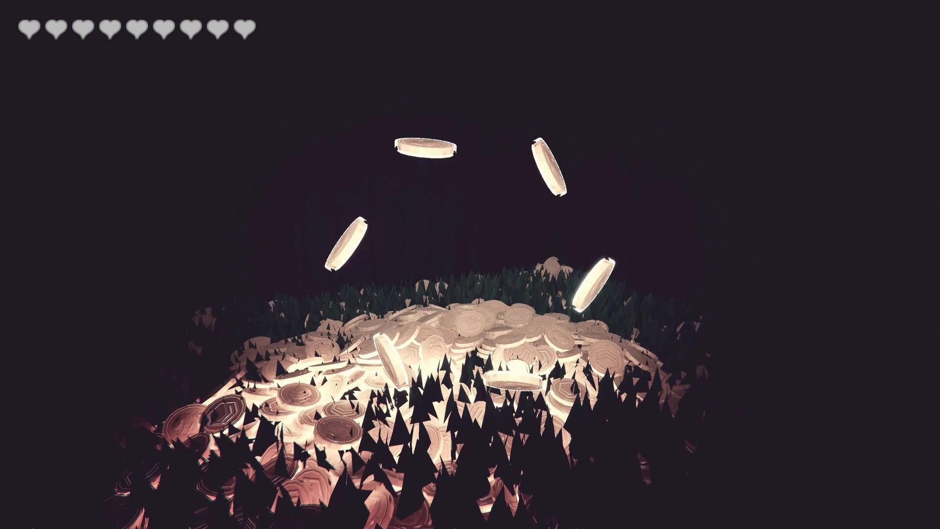Meat Lovers: Coins spinning above a glowing pile of loot in a dark forest clearing, hearts HUD top-left.