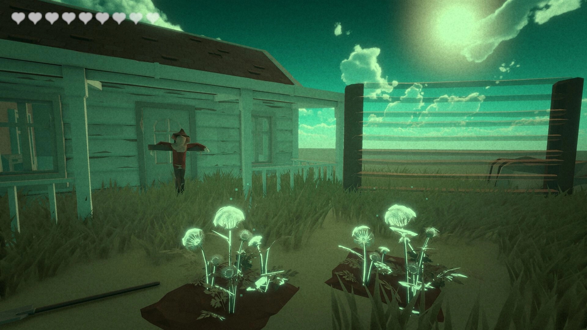 Meat Lovers: Glowing white crops sprout by a farmhouse porch and fence, hearts HUD at top left.