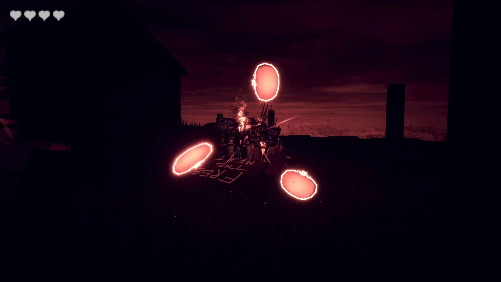 Meat Lovers: Player faces glowing meat portals near “FREE MEAT” signs in a dark red night scene.