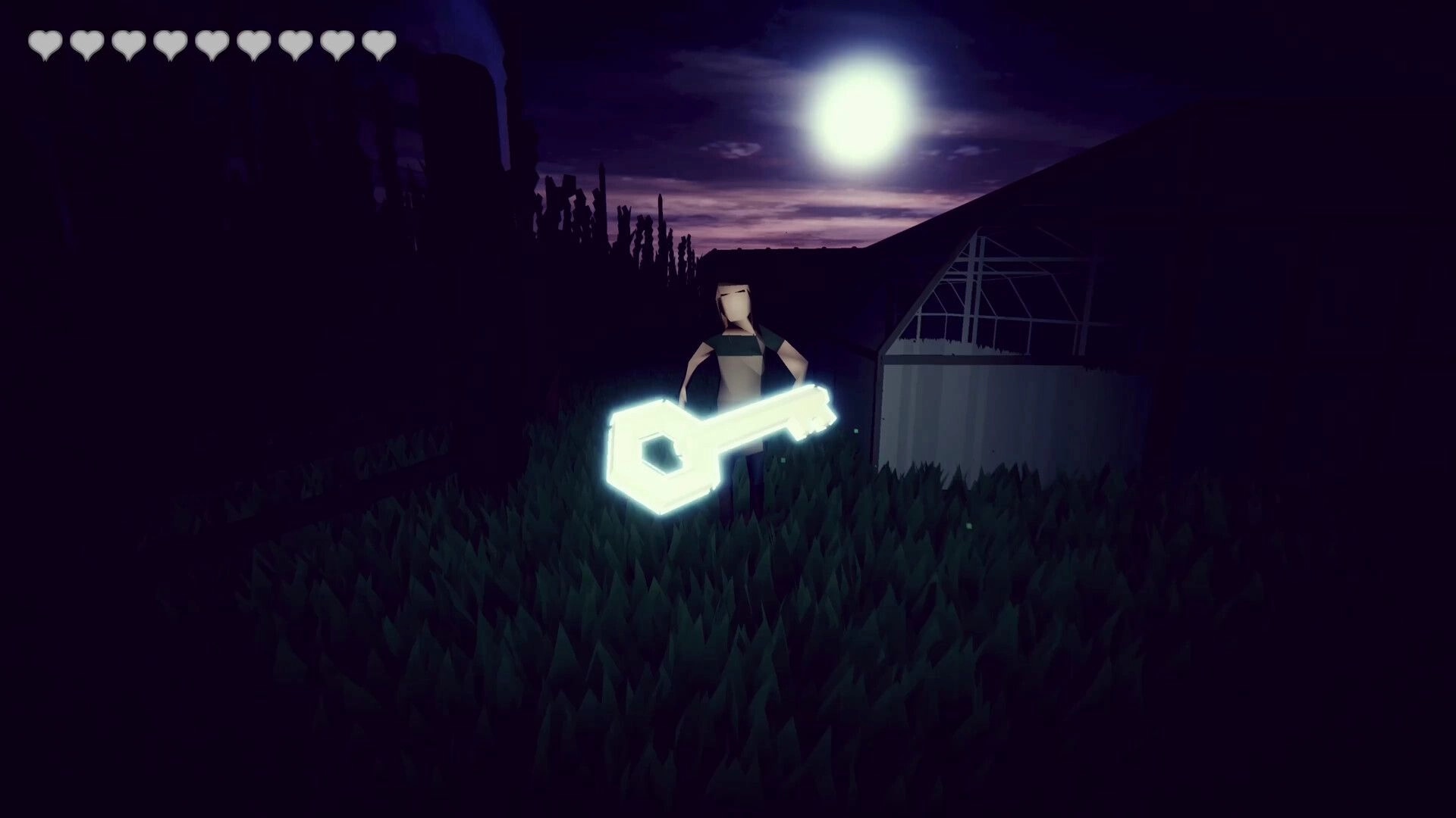 Meat Lovers: Player holds a glowing key near a greenhouse at night, hearts UI along top-left.