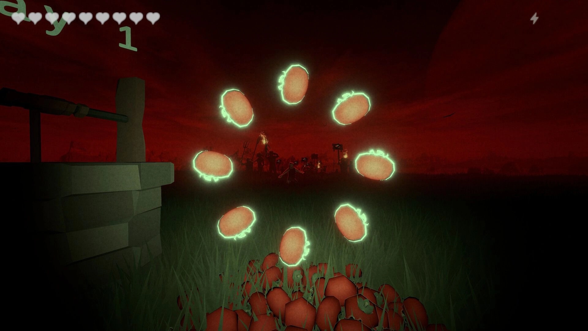 Meat Lovers: First-person view with glowing meat orbs circling in a red sky field with heart UI.