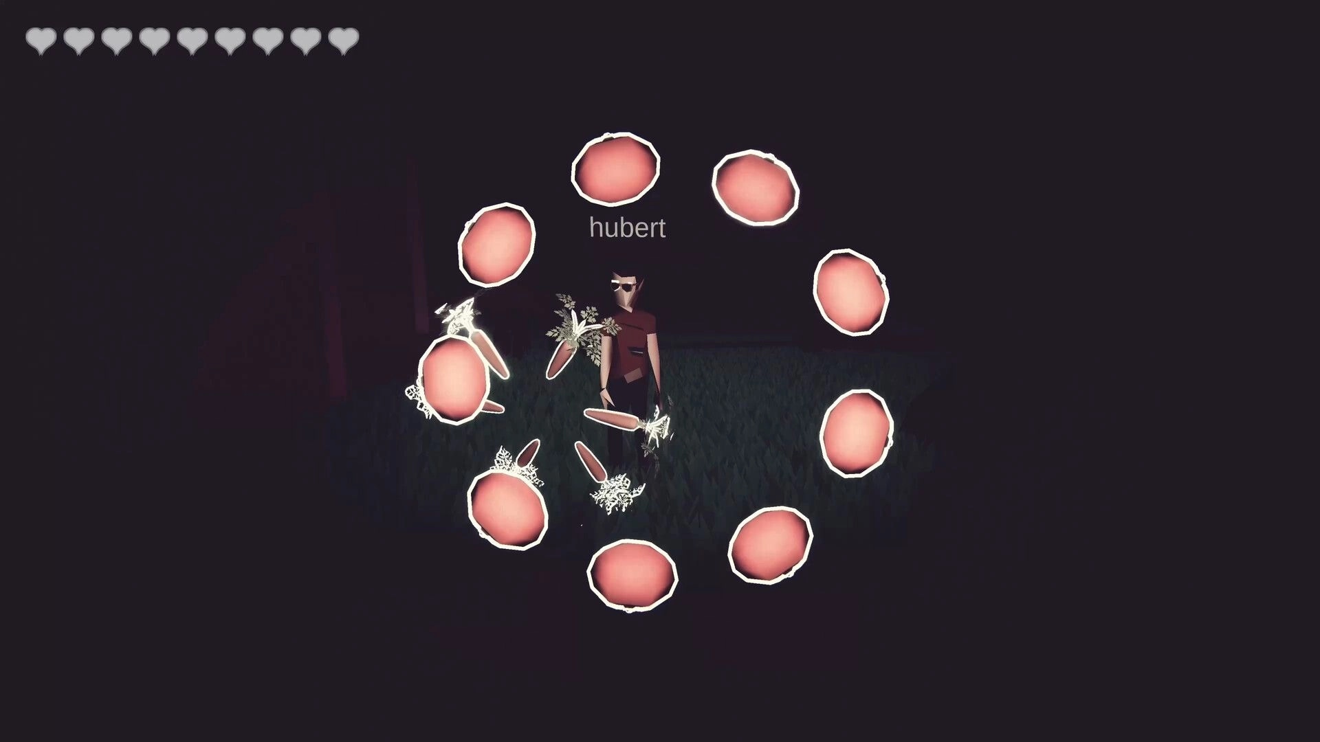 Meat Lovers: Player hubert stands in grass at night, surrounded by spinning meat slices and spark effects.
