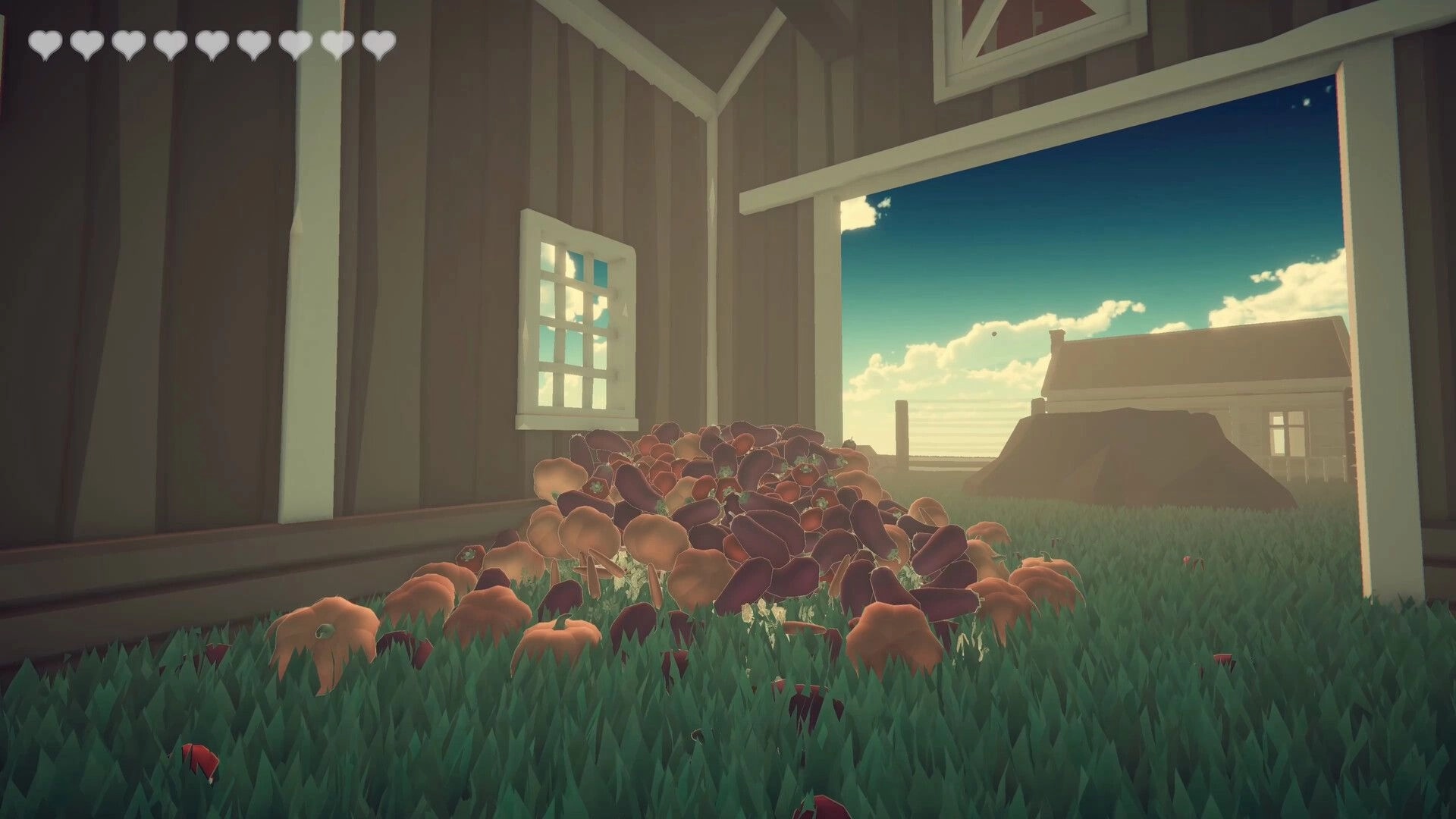 Meat Lovers: Pile of sausage-like crops in grass beside a barn doorway, hearts health UI at top left.