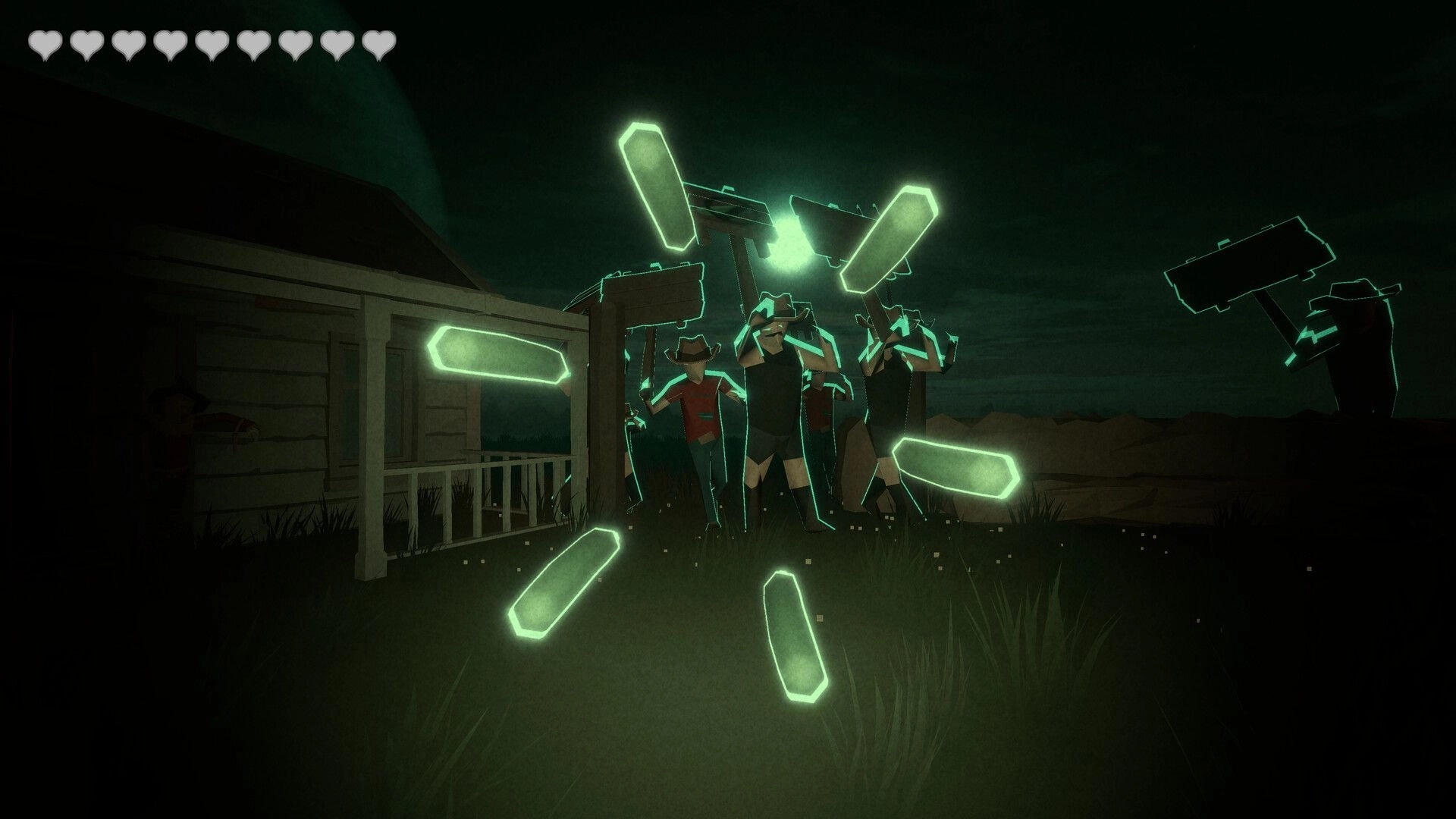 Meat Lovers: Glowing green explosion hits three armed figures near a porch in a dark field, hearts UI top-left.
