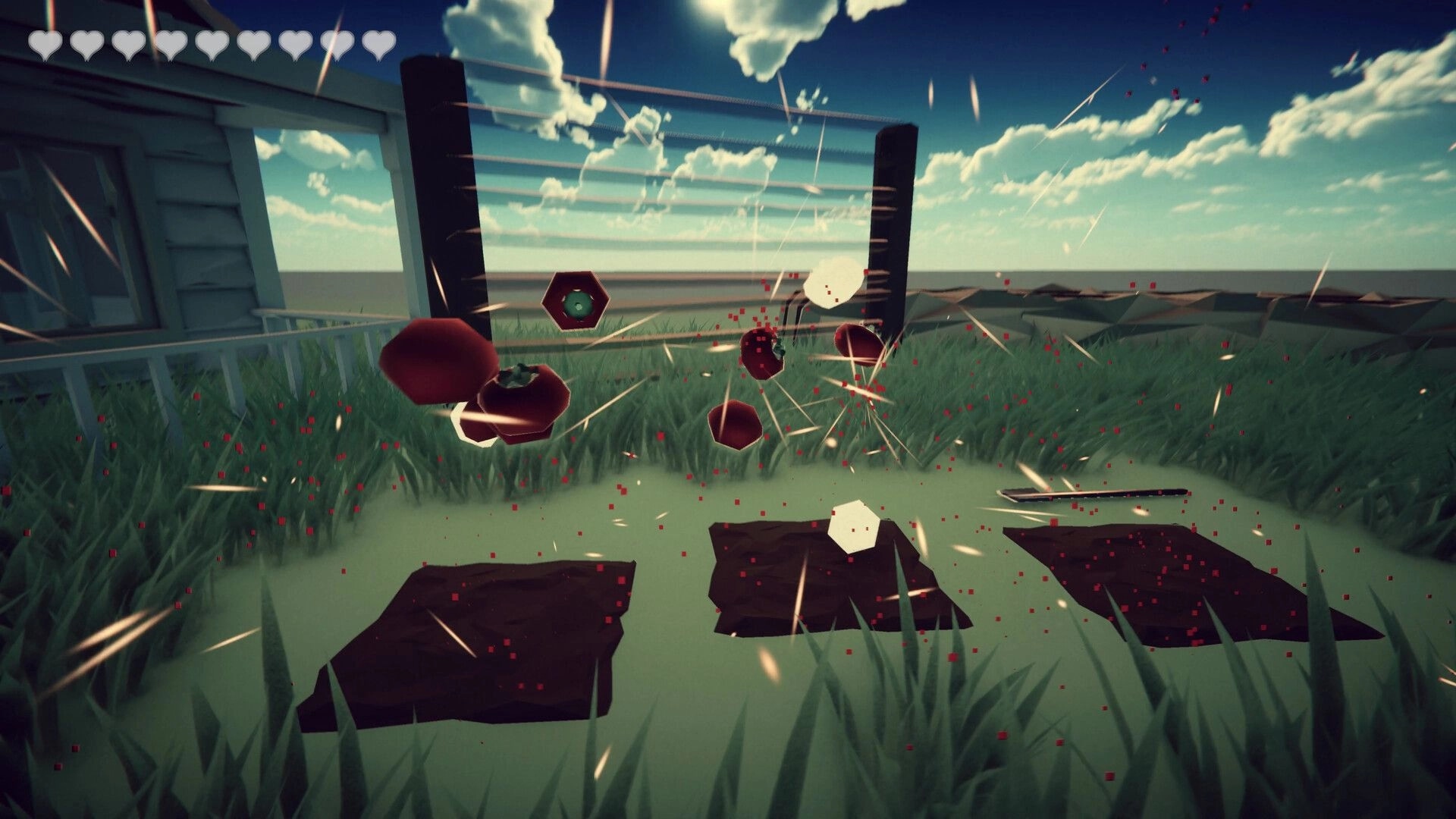 Meat Lovers: Exploding crop pieces and sparks fly as hearts HUD sits over a grassy farm plot by a fence.