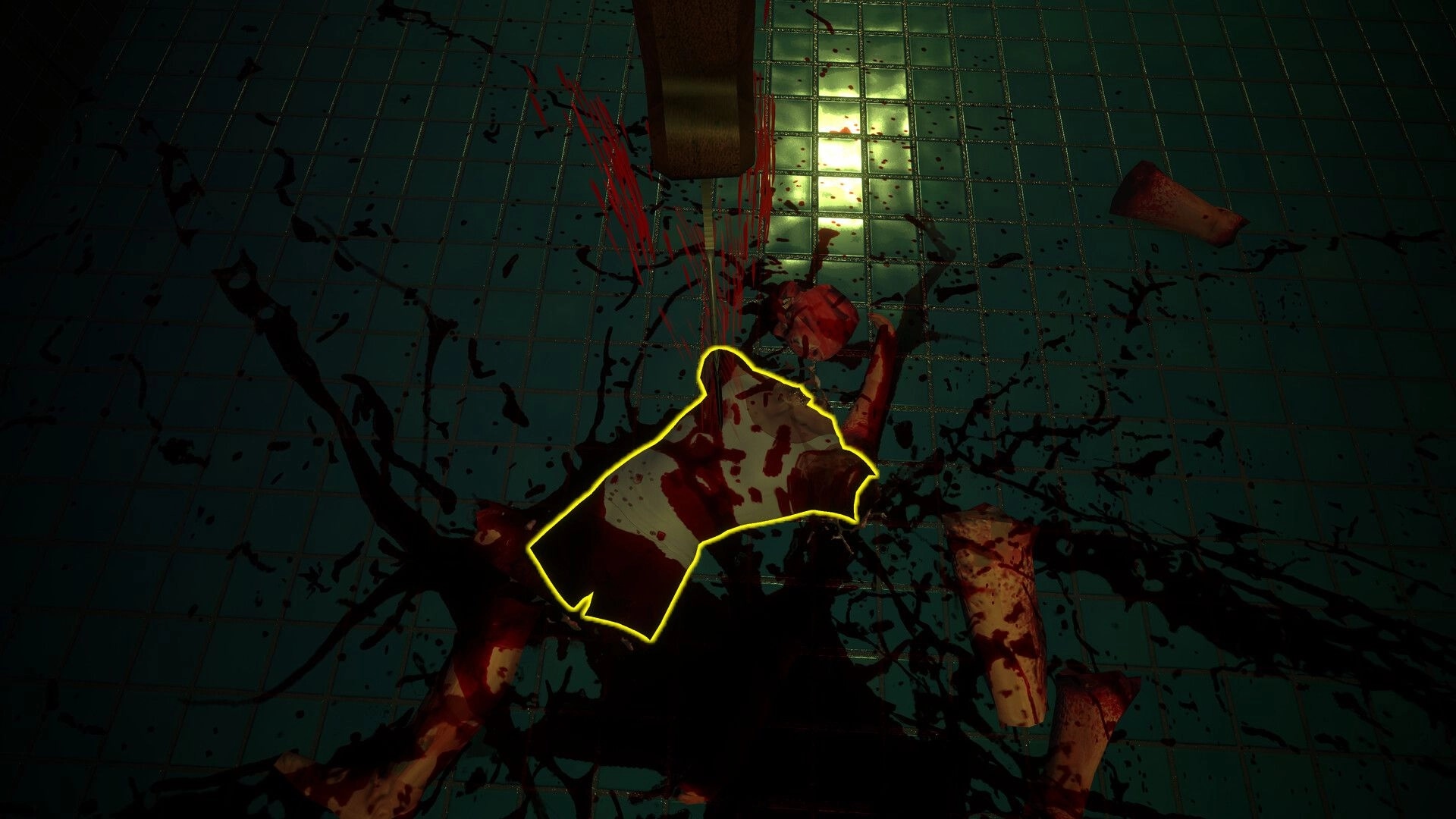 Meat Market: Blood-stained butcher floor with scattered limbs and highlighted meat cut in dim lighting