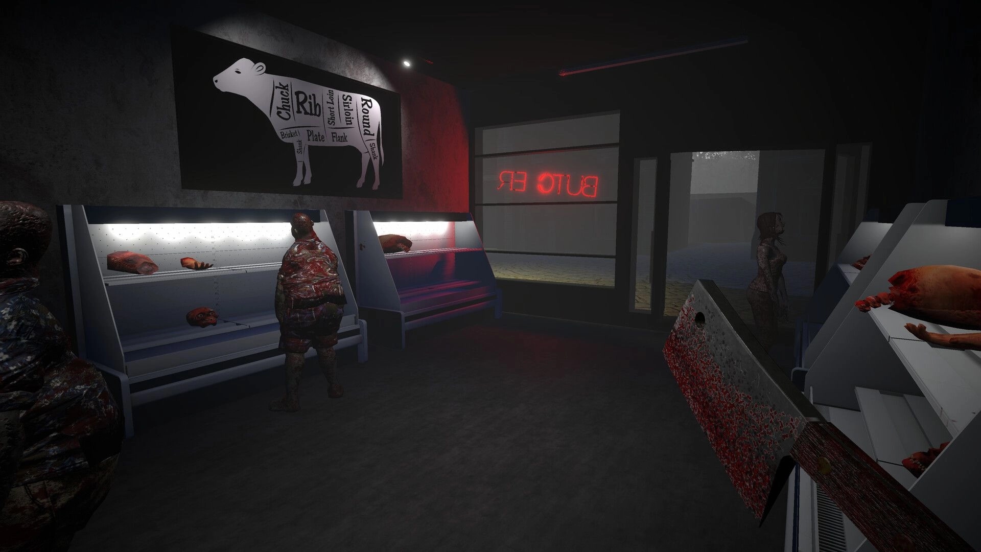 Meat Market: Zombies browsing shelves of human meat in a dimly lit butcher shop with cleaver in view