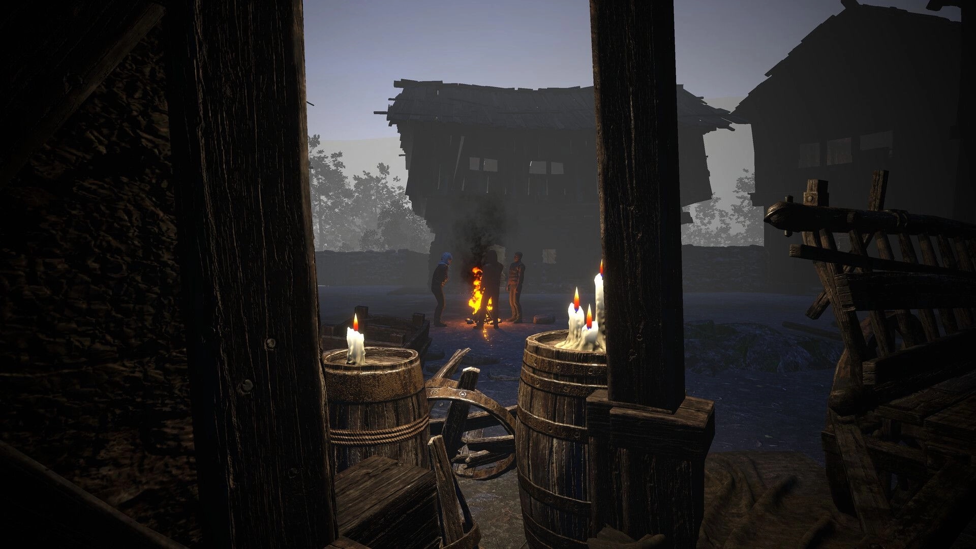 Meat Market: Three figures gather around a fire in a dim village setting, viewed through a doorway with candles.