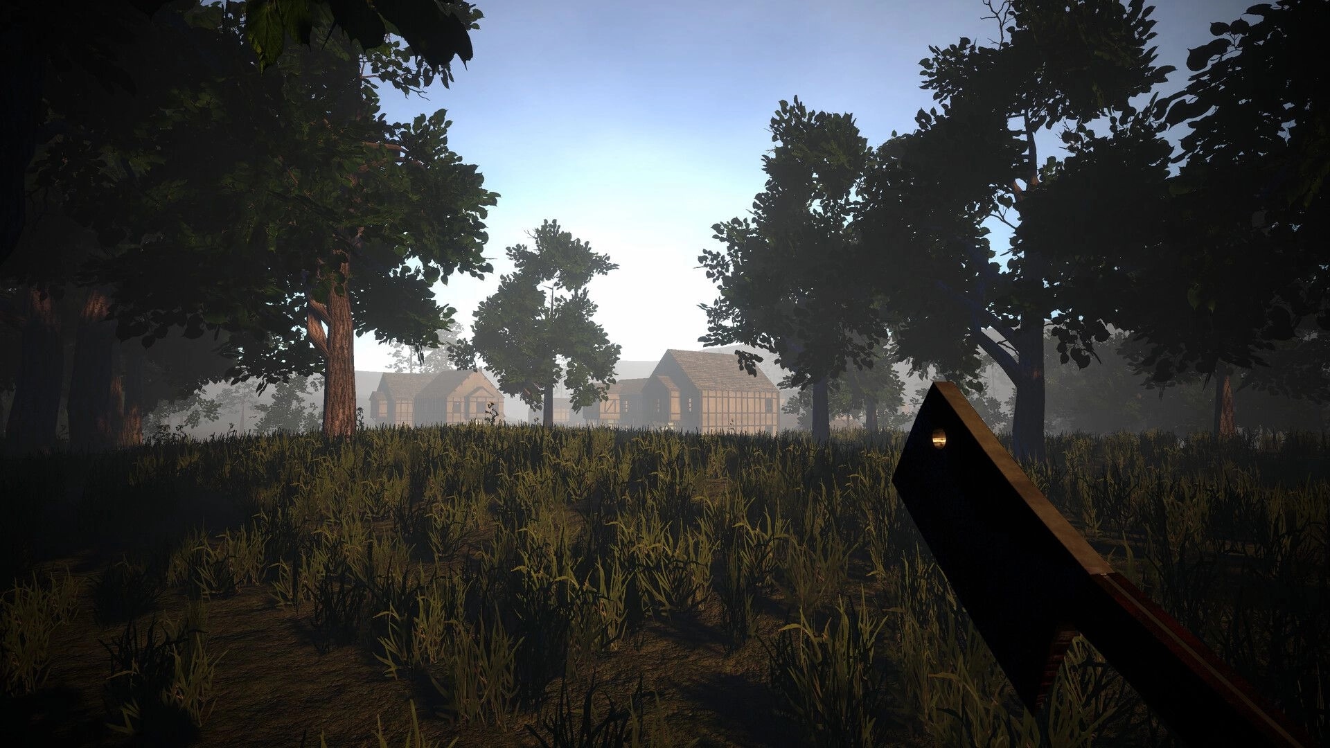 Meat Market: Cleaver held in dark forest near distant village under bright sky