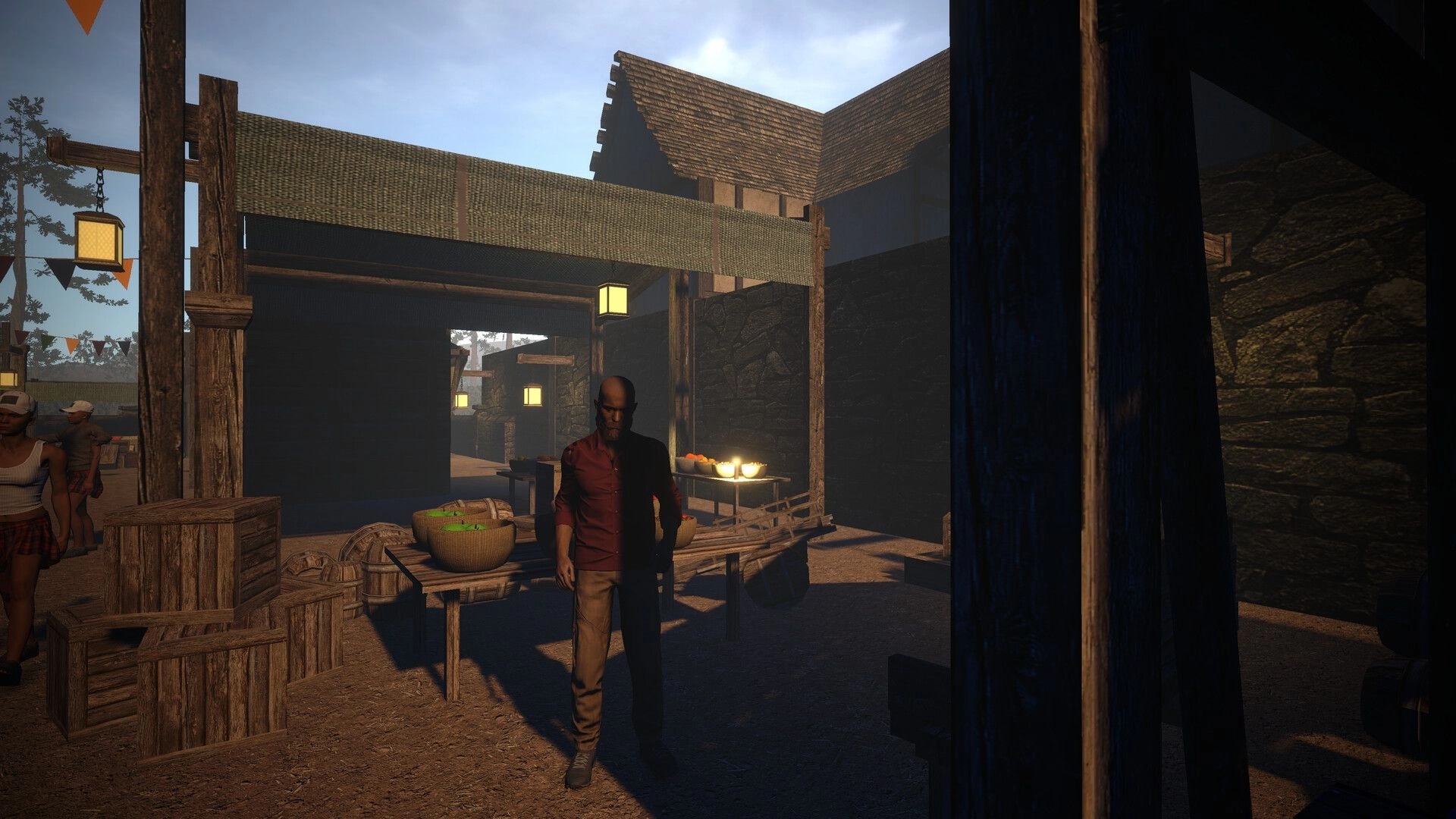 Meat Market: Character walks through dimly lit village market with wooden stalls and hanging lanterns