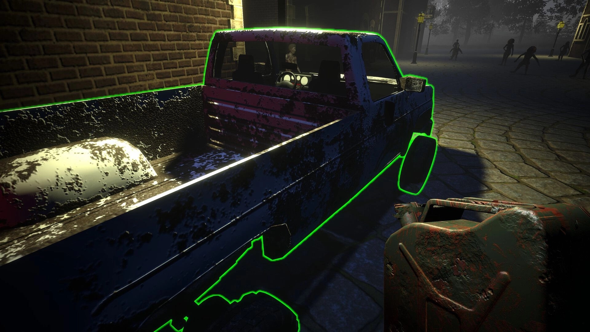 Meat Market: Rusty truck with green outline parked in dark street, zombies visible in the distance