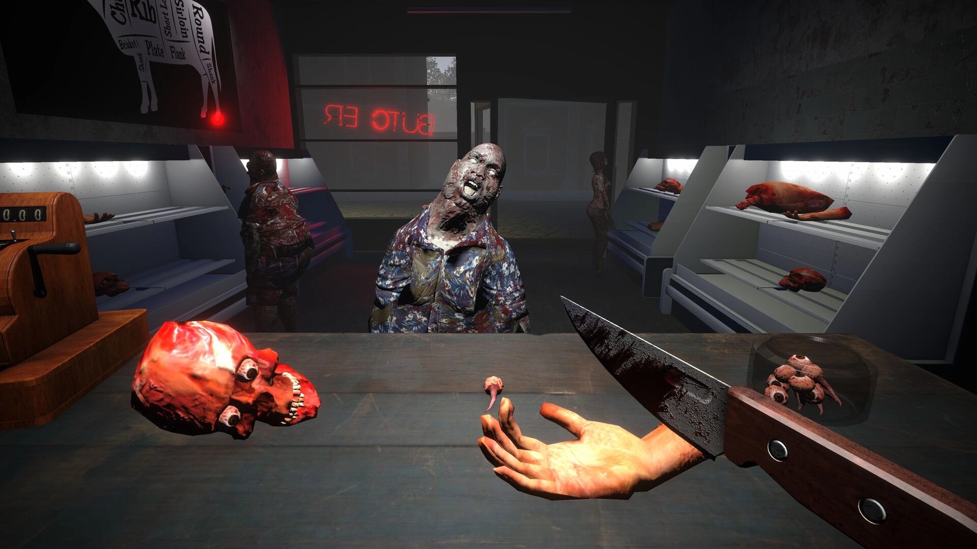 Meat Market: Zombie customer at butcher counter with human meats displayed on shelves in dim shop