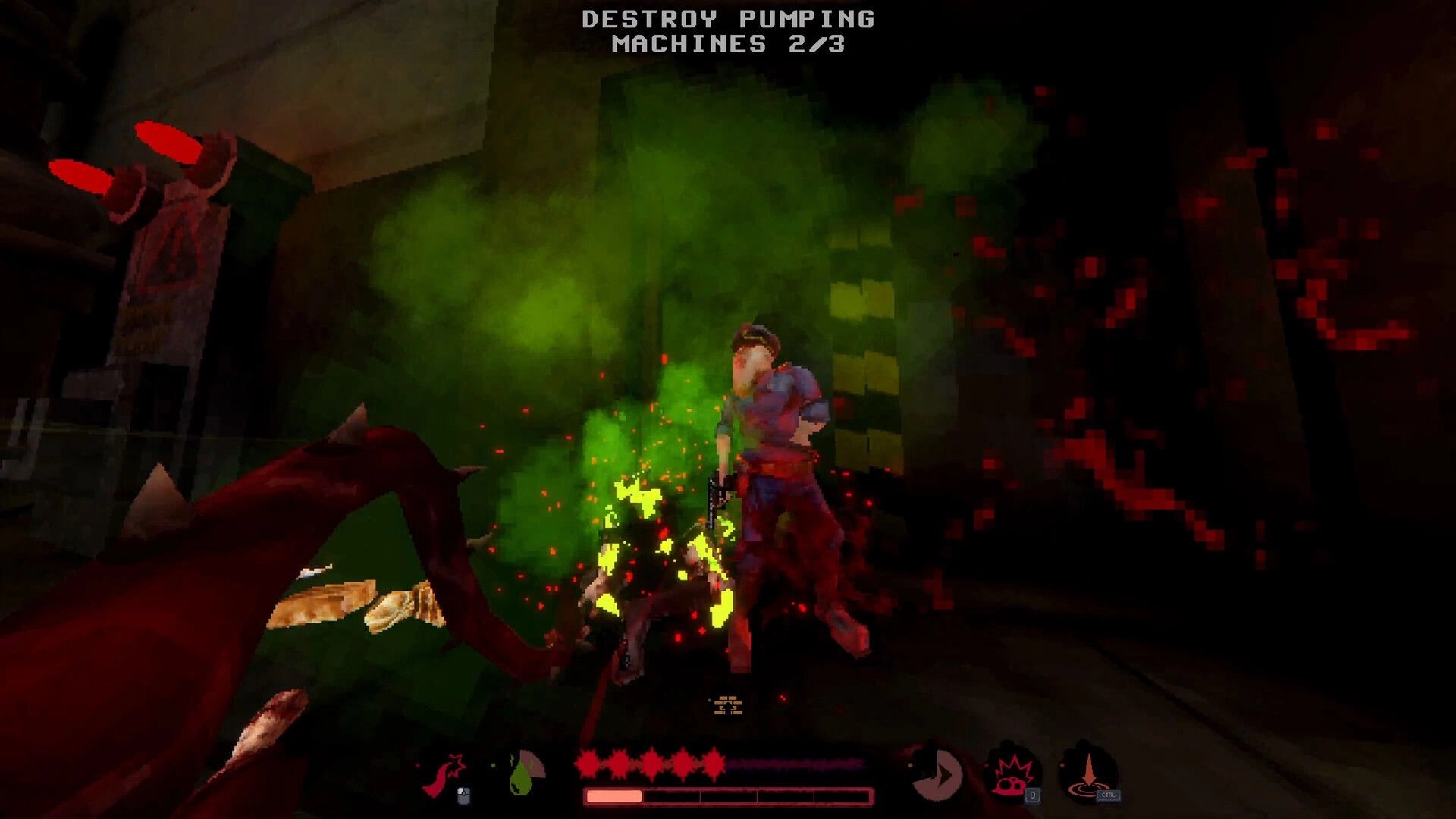 Meat Without Master: First-person attack on a guard amid green gas, objective "Destroy pumping machines 2/3".