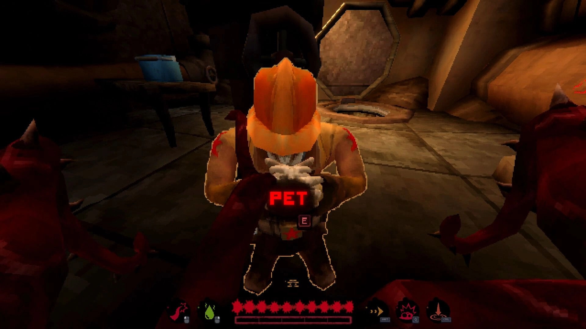 Meat Without Master: Pet prompt over kneeling worker in dim lab room, first-person claws visible.