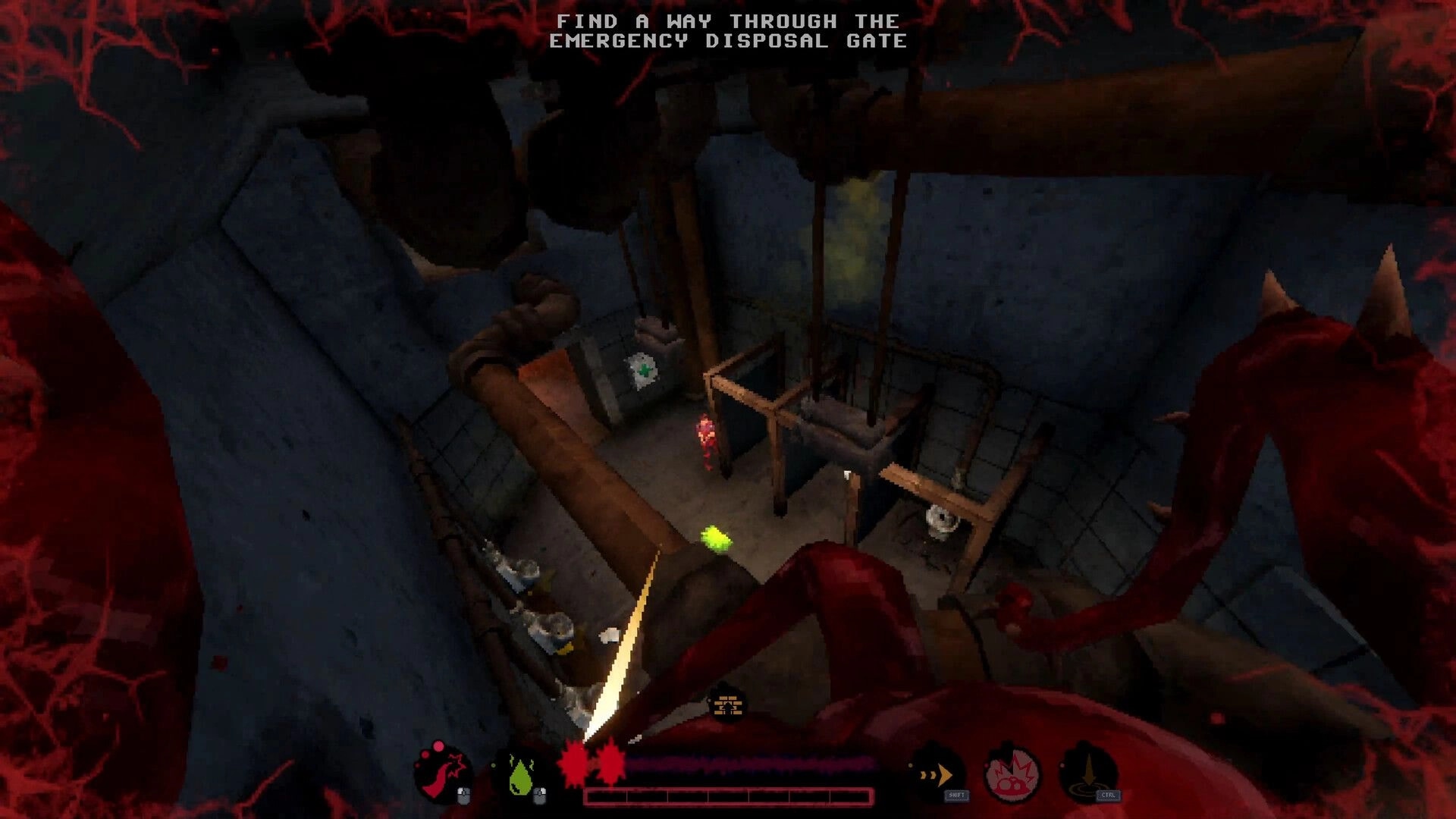 Meat Without Master: Player aims down at lab corridor with pipes and scaffolds, objective text above UI.