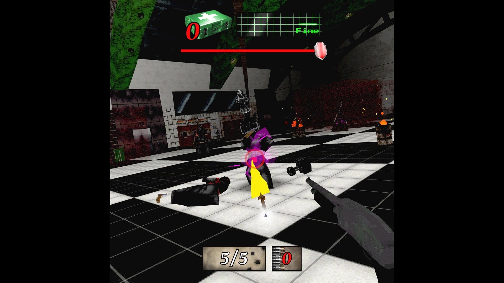 MEATHOOK: First-person combat with a gun targeting an enemy in a dark, industrial-style chamber.