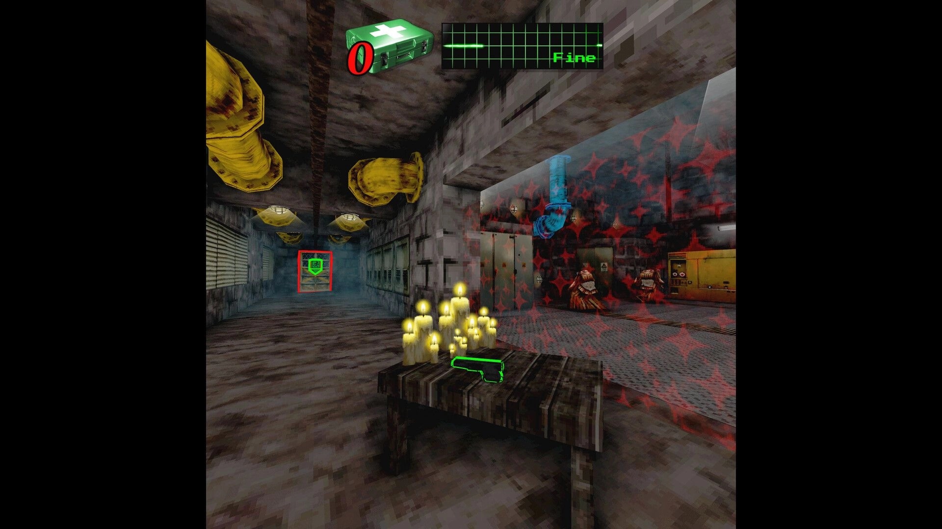 MEATHOOK: Player in industrial corridor with health bar, candles, gun on table, and two enemies ahead.