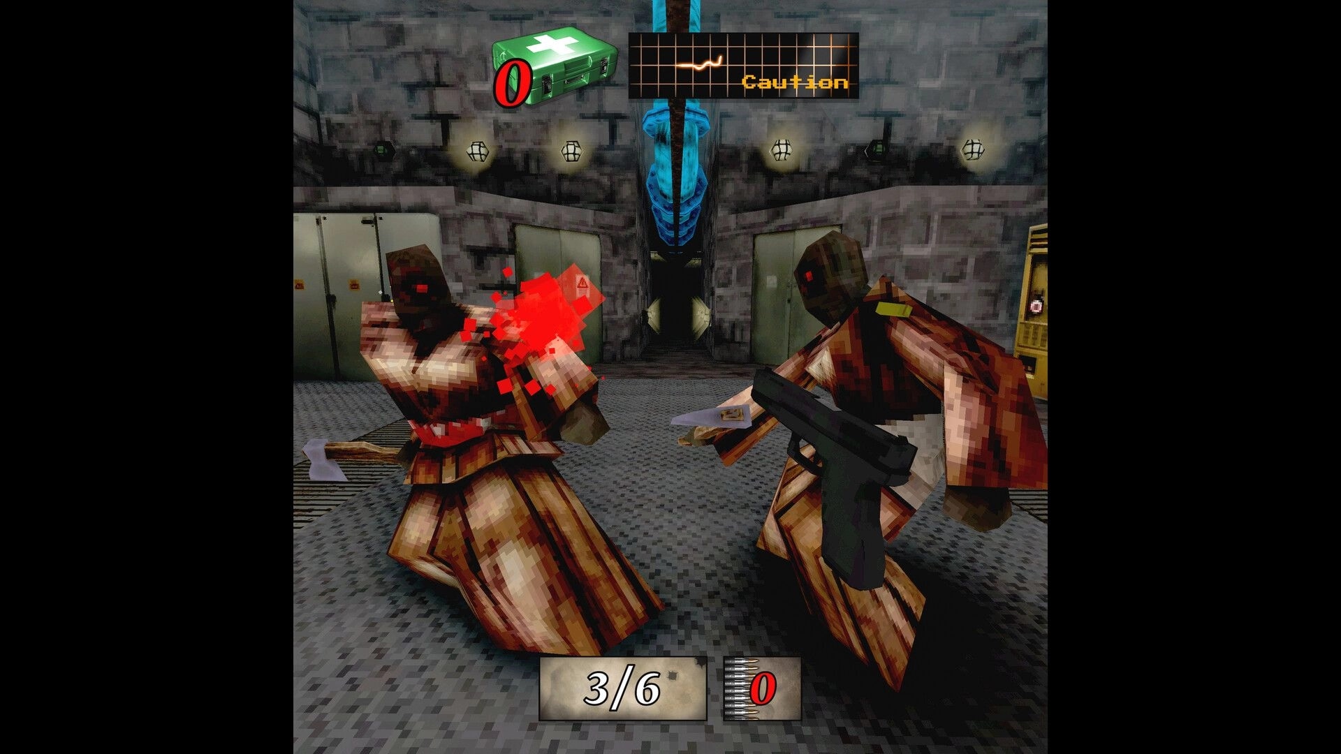 MEATHOOK: Two robed enemies in combat with guns, health bar, and caution indicator in stone room.