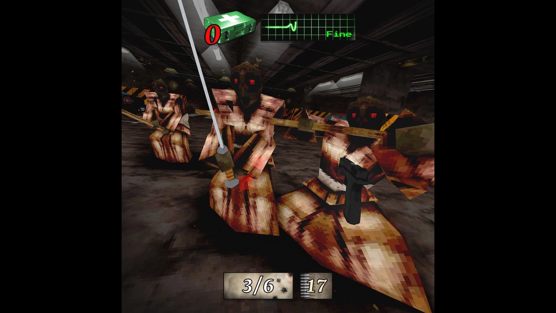 MEATHOOK: Combat with hooded enemies in dark industrial tunnel, health and ammo displayed on screen