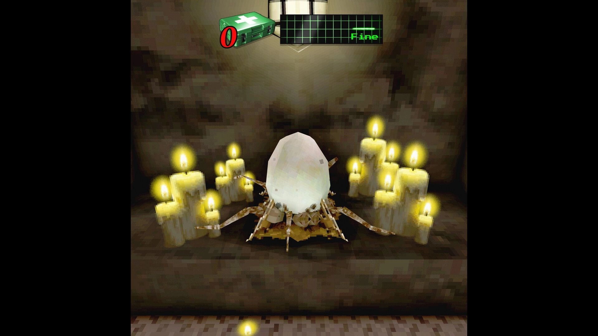 MEATHOOK: Egg surrounded by candles in dimly lit cave with health status "Fine" displayed above