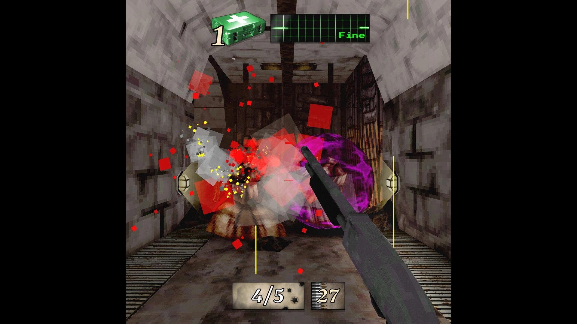 MEATHOOK: First-person shooting action in a gritty industrial tunnel with health and ammo HUD visible.