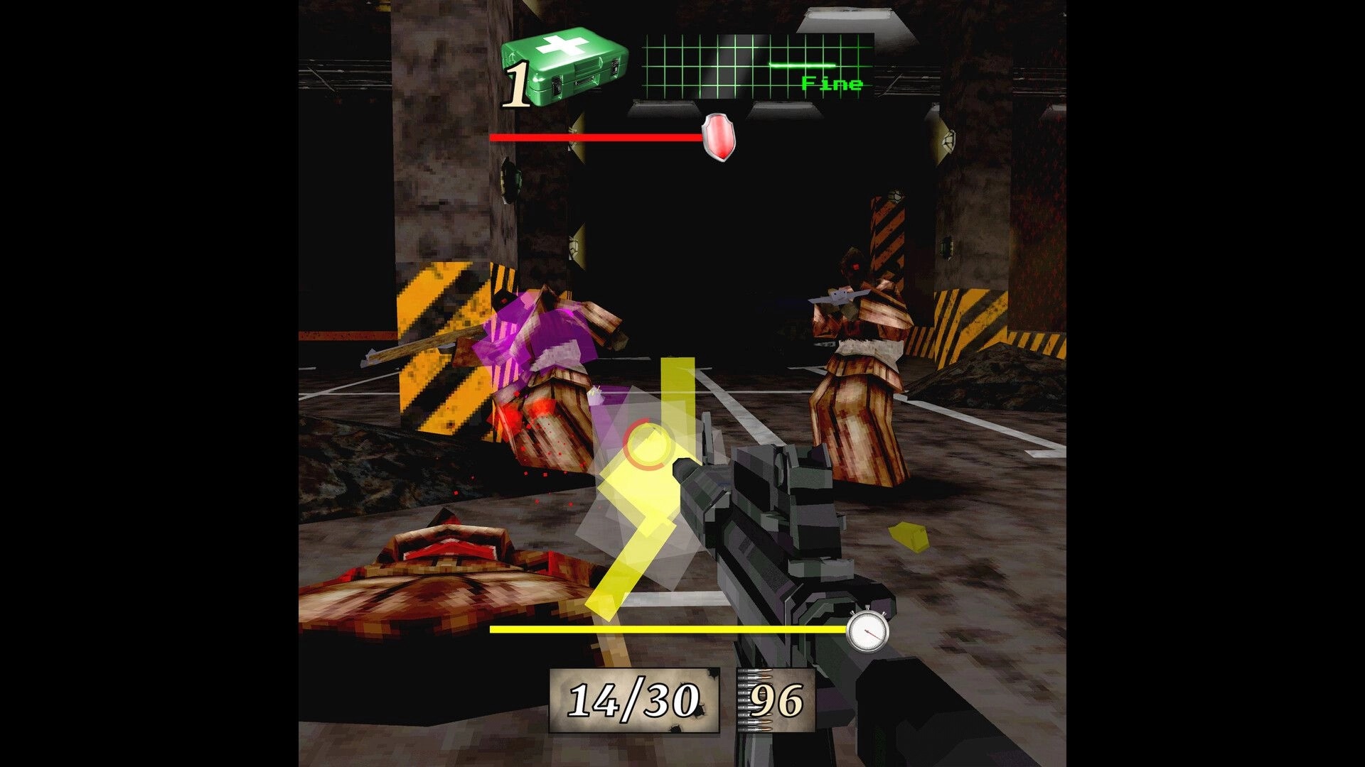 MEATHOOK: First-person gun combat with robed enemies in an industrial tunnel, health status "Fine"