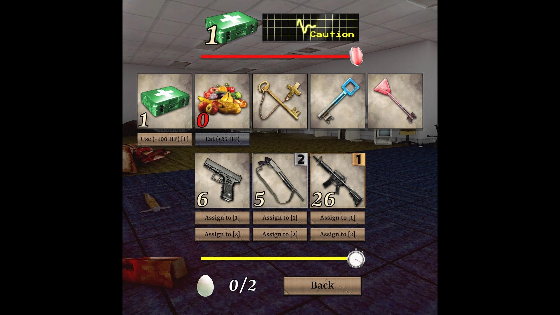 MEATHOOK: Inventory screen showing health, weapons, keys, and items in a dimly lit room environment.