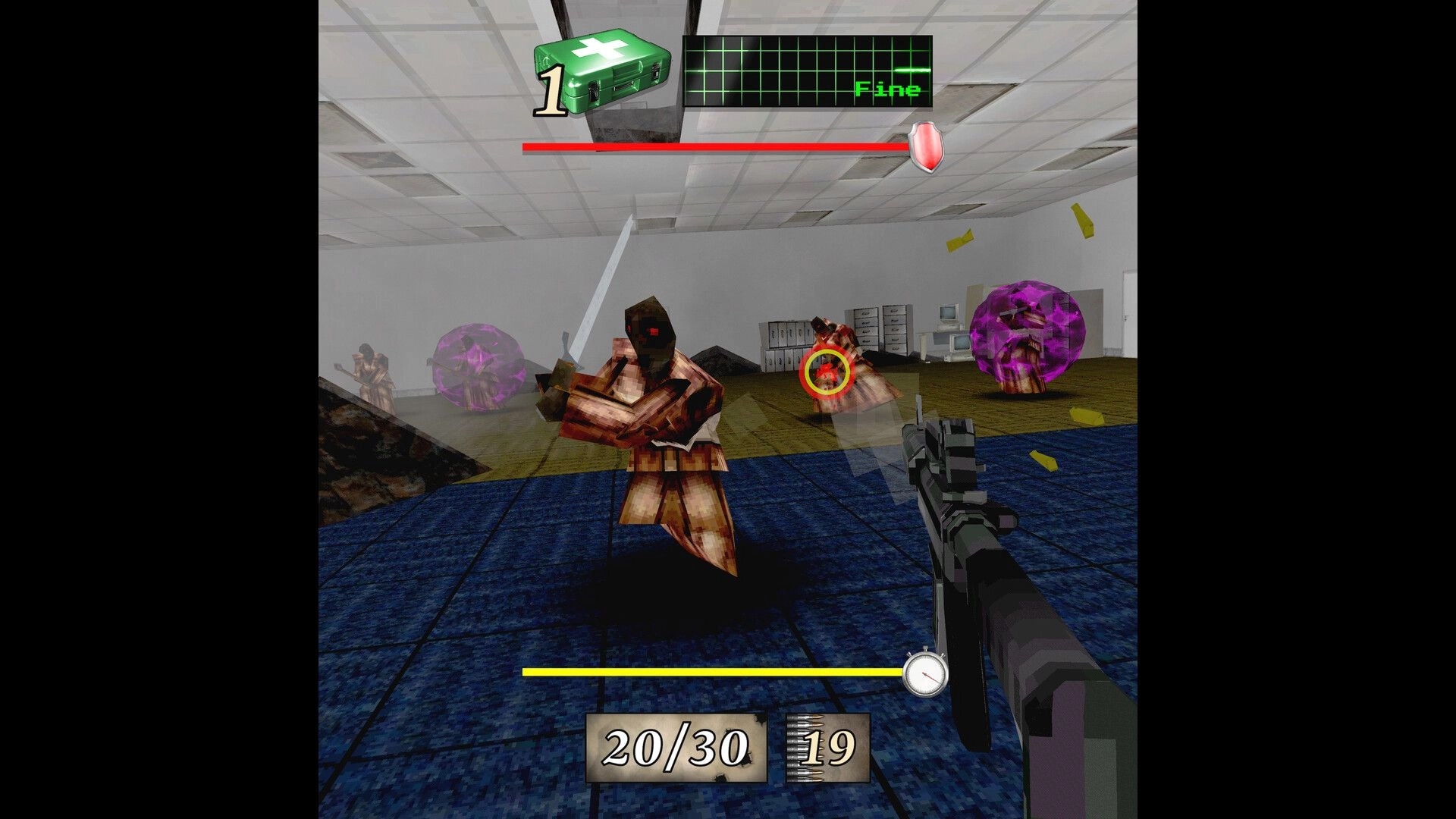 MEATHOOK: First-person combat with mutant enemies in an office environment, health and ammo displayed.