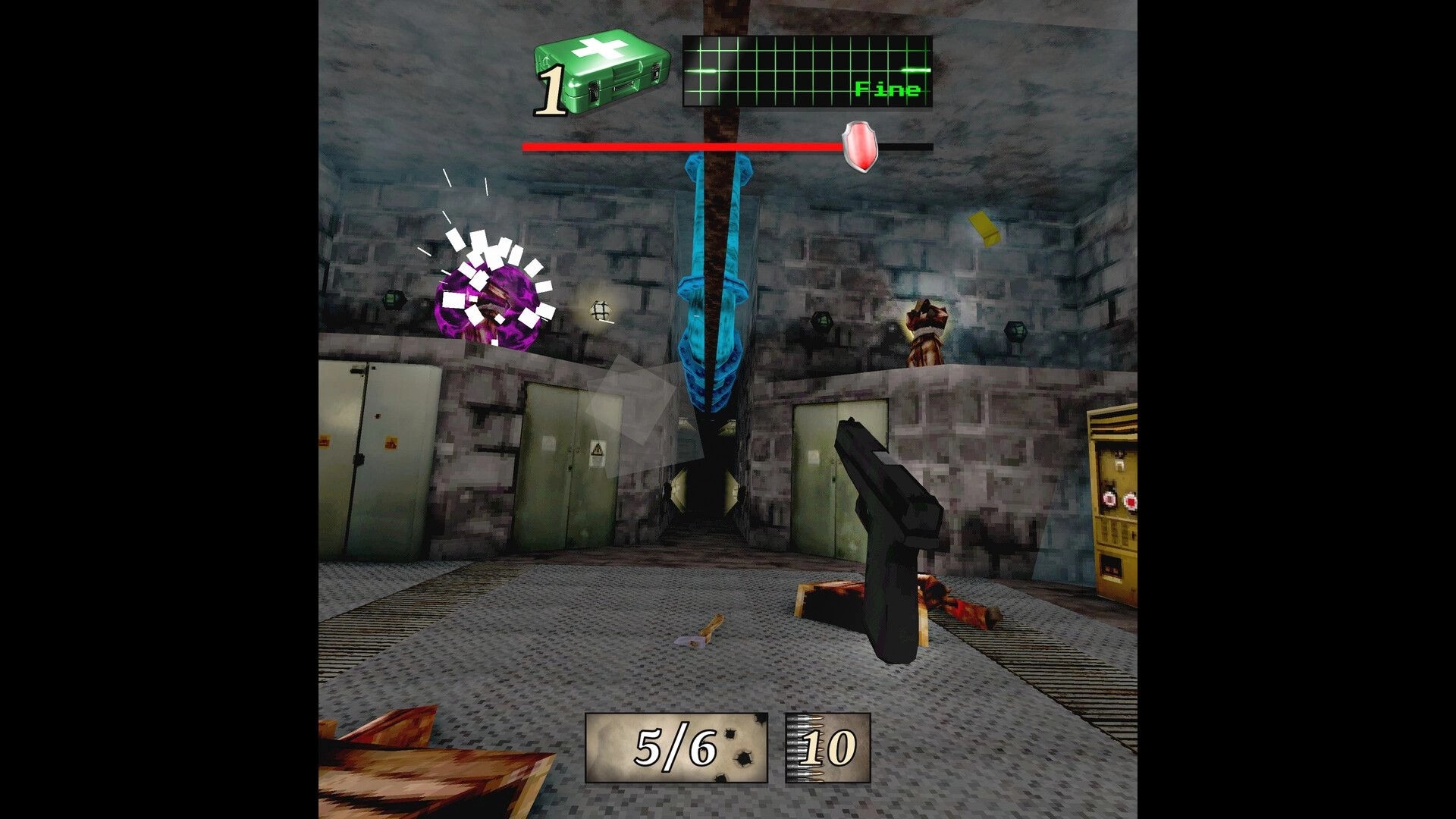 MEATHOOK: First-person view aiming a pistol in a dim stone chamber with health and ammo UI visible
