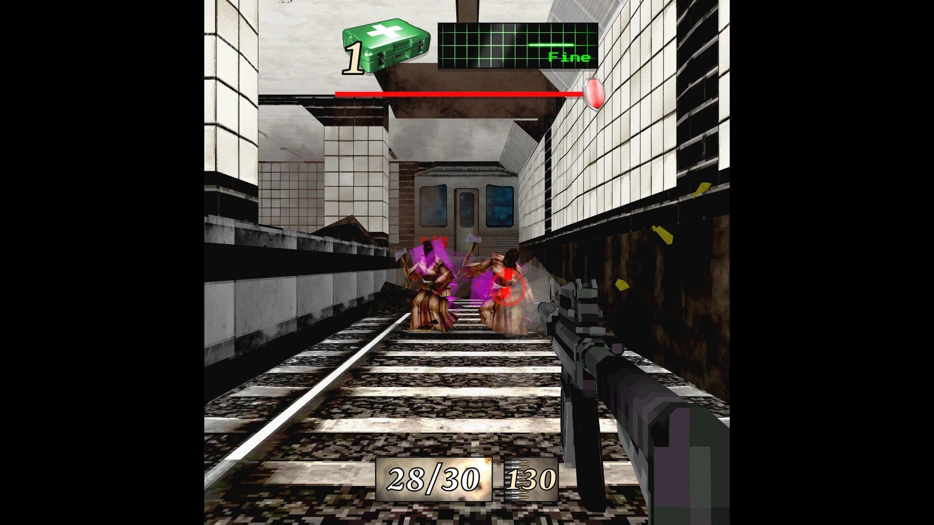 MEATHOOK: Player shooting enemies on subway tracks, health and ammo UI displayed at top and bottom