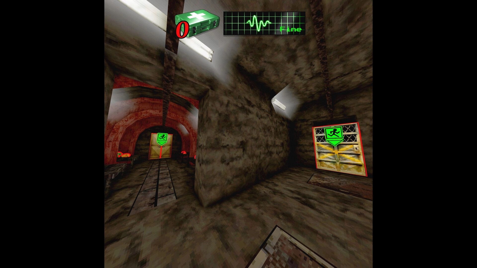 MEATHOOK: Two biohazard-marked doors in a dimly lit tunnel with health and status UI displayed