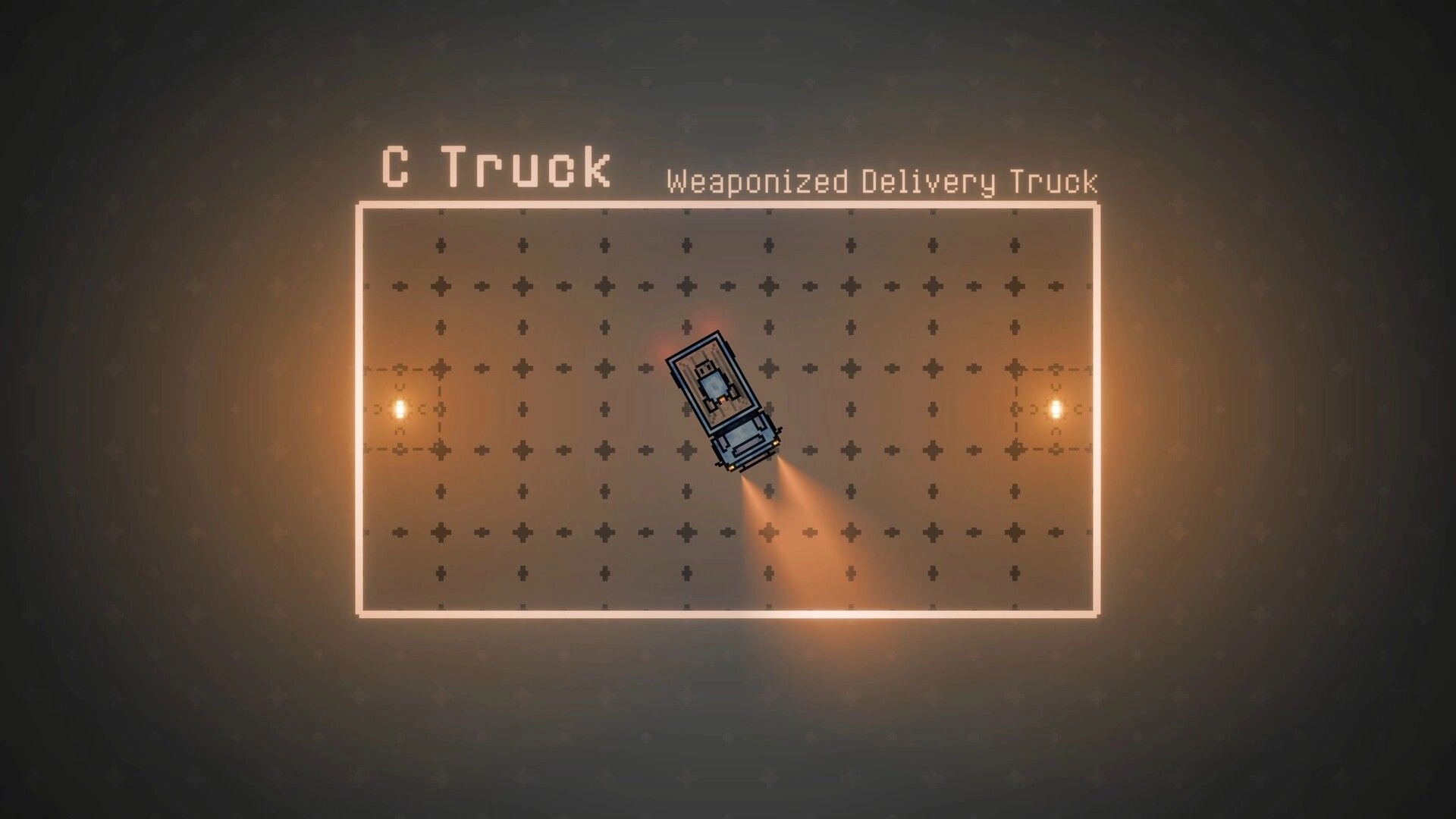 Mech Havoc: C Truck selection screen with weaponized delivery truck highlighted in dimly lit hangar