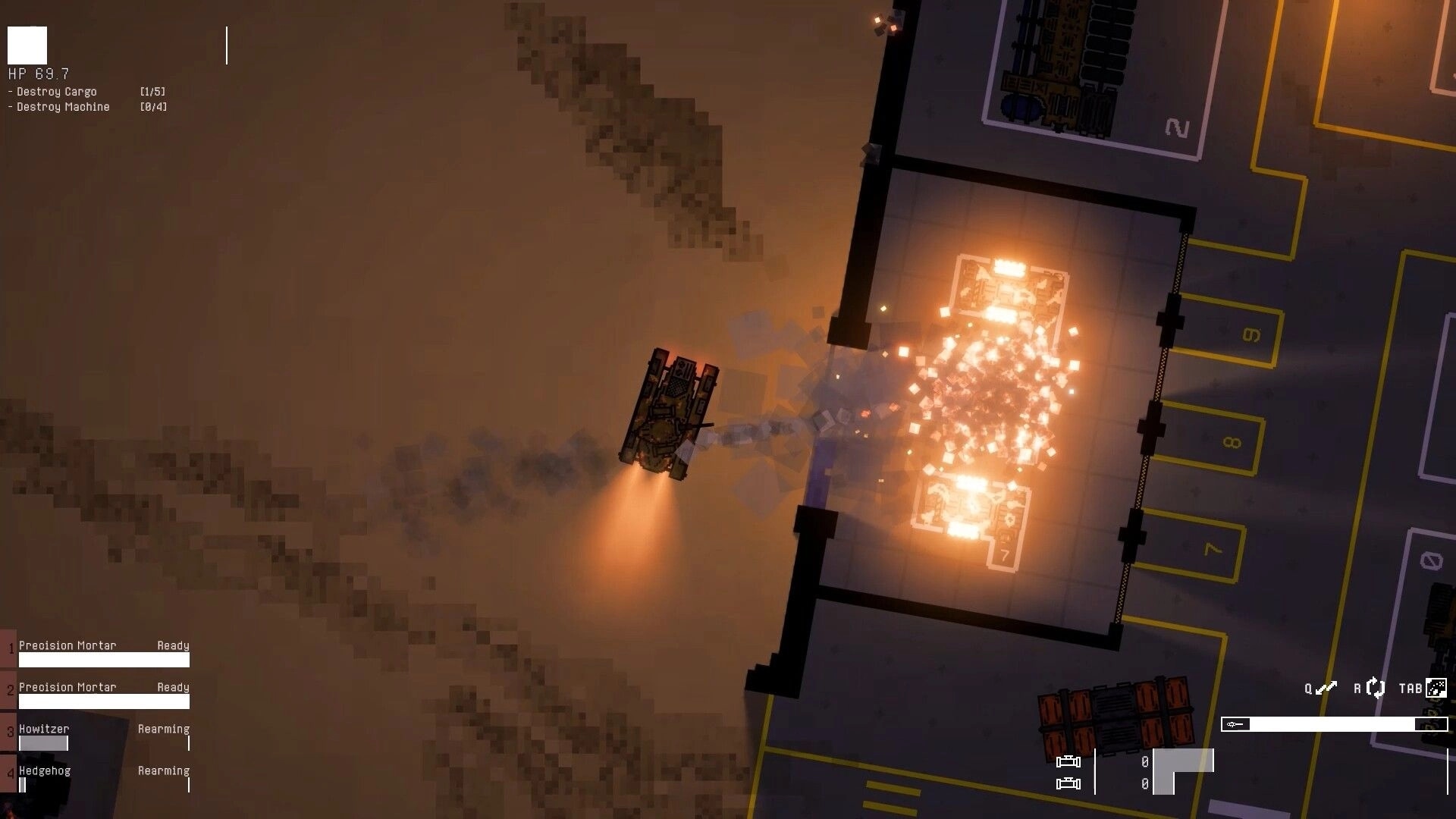 Mech Havoc: Mech firing rockets at a building in a desert with mission objectives and health status displayed