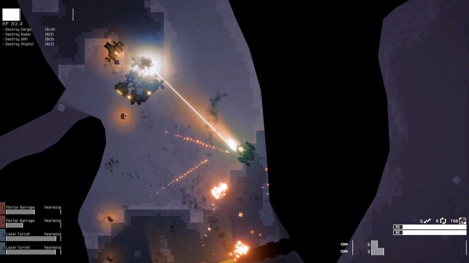 Mech Havoc: Aerial combat with mechs firing lasers and missiles in a dark, rocky terrain setting