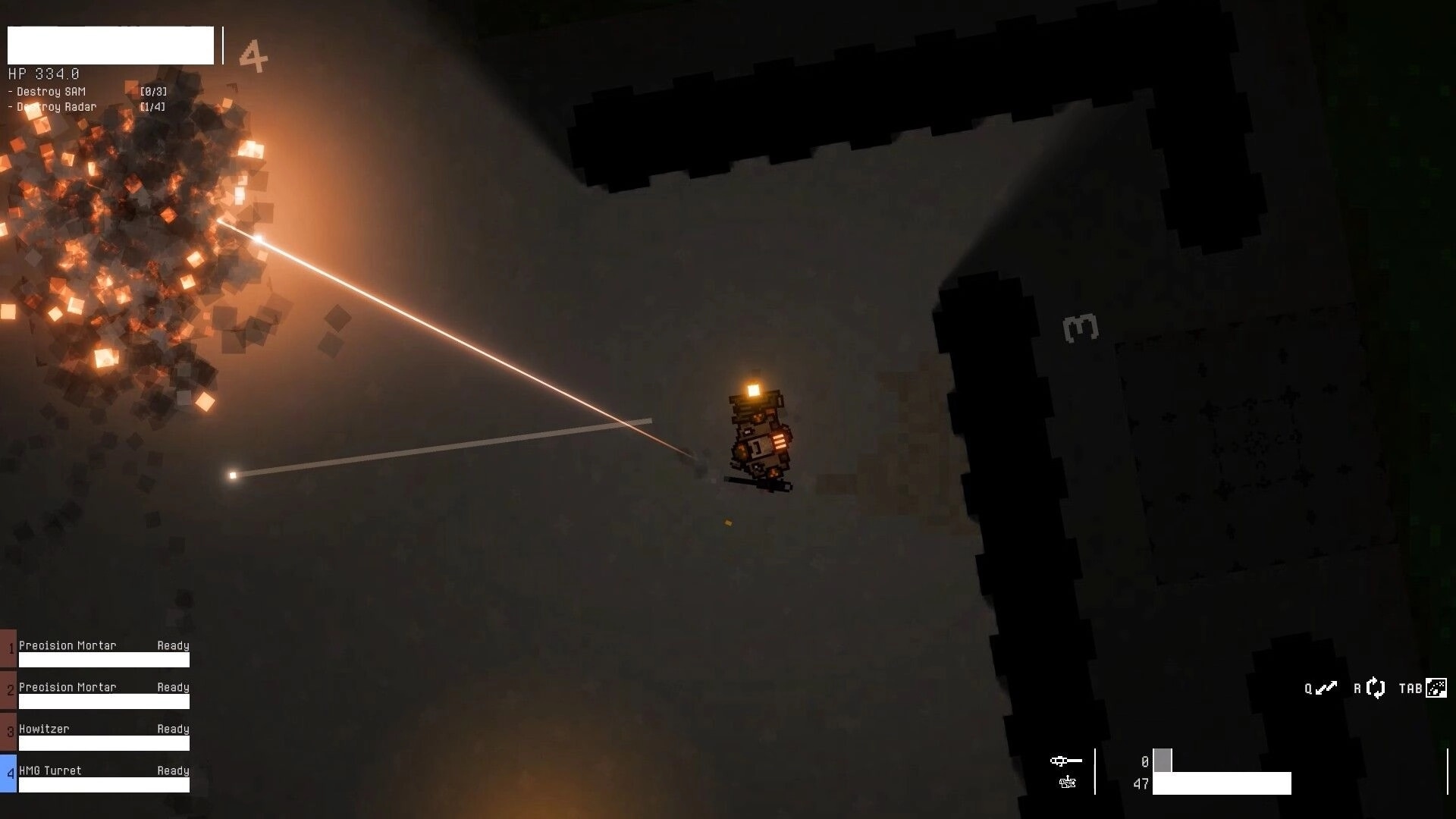 Mech Havoc: Mech fires laser at exploding cubes in dark corridor with mission objectives displayed