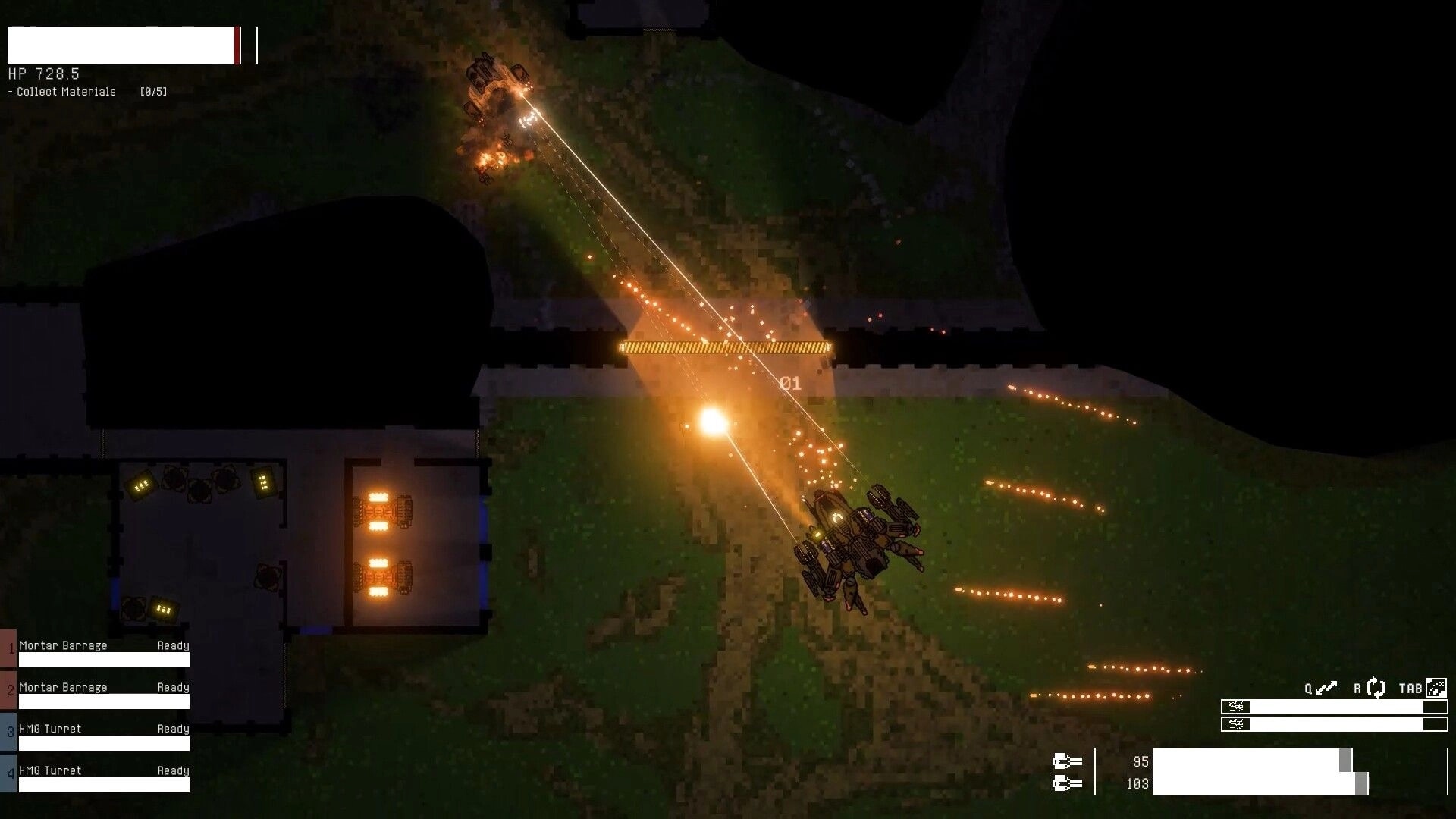Mech Havoc: Top-down combat with mechs exchanging laser fire in a dark, grassy environment