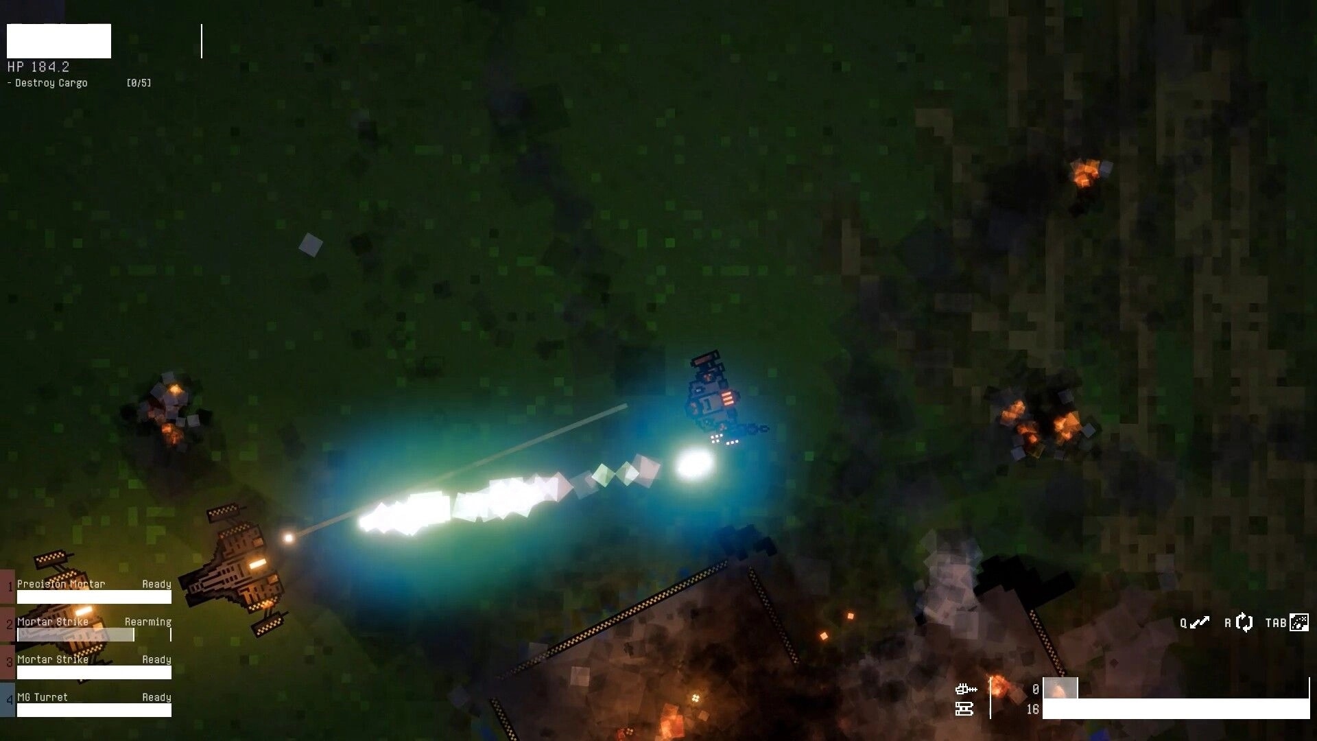 Mech Havoc: Top-down combat with mech firing lasers in a dark terrain, UI shows weapon status.