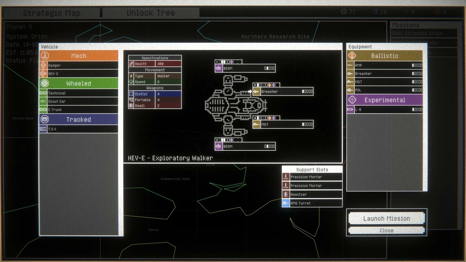 Mech Havoc: Vehicle selection screen featuring HEV-E Walker with equipment and mission options displayed